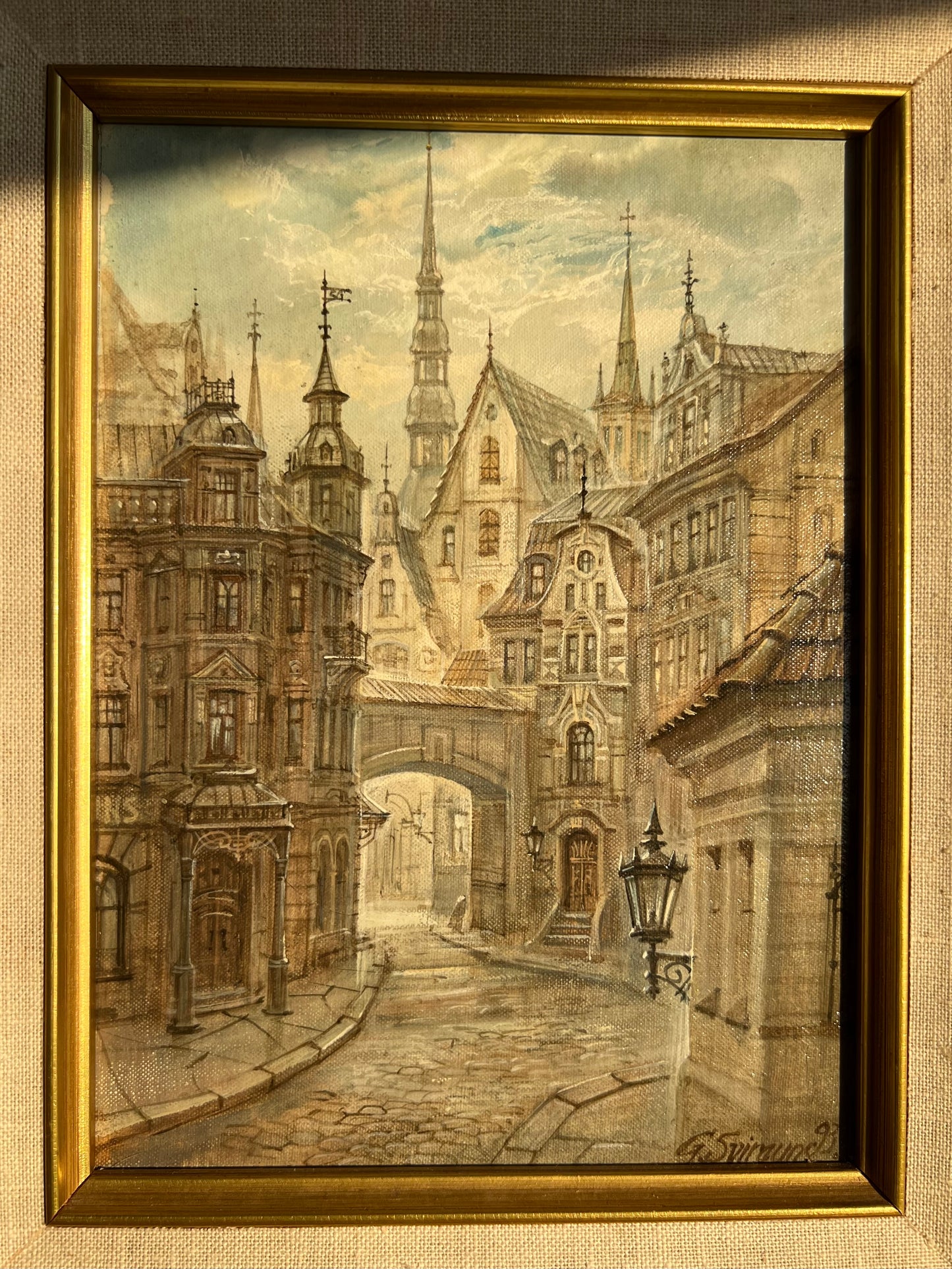 Very Unique “Riga” Old City Original Artwork Vintage Oil Painting with Wooden Framed Signed by G.Sviraunc