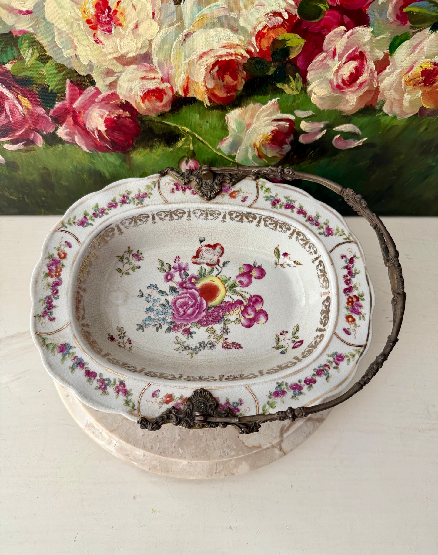Porcelain Oval Crackle Glazed Vintage Basket Serving Dish with Decorative Bronze Handle, Floral Design and four Legs