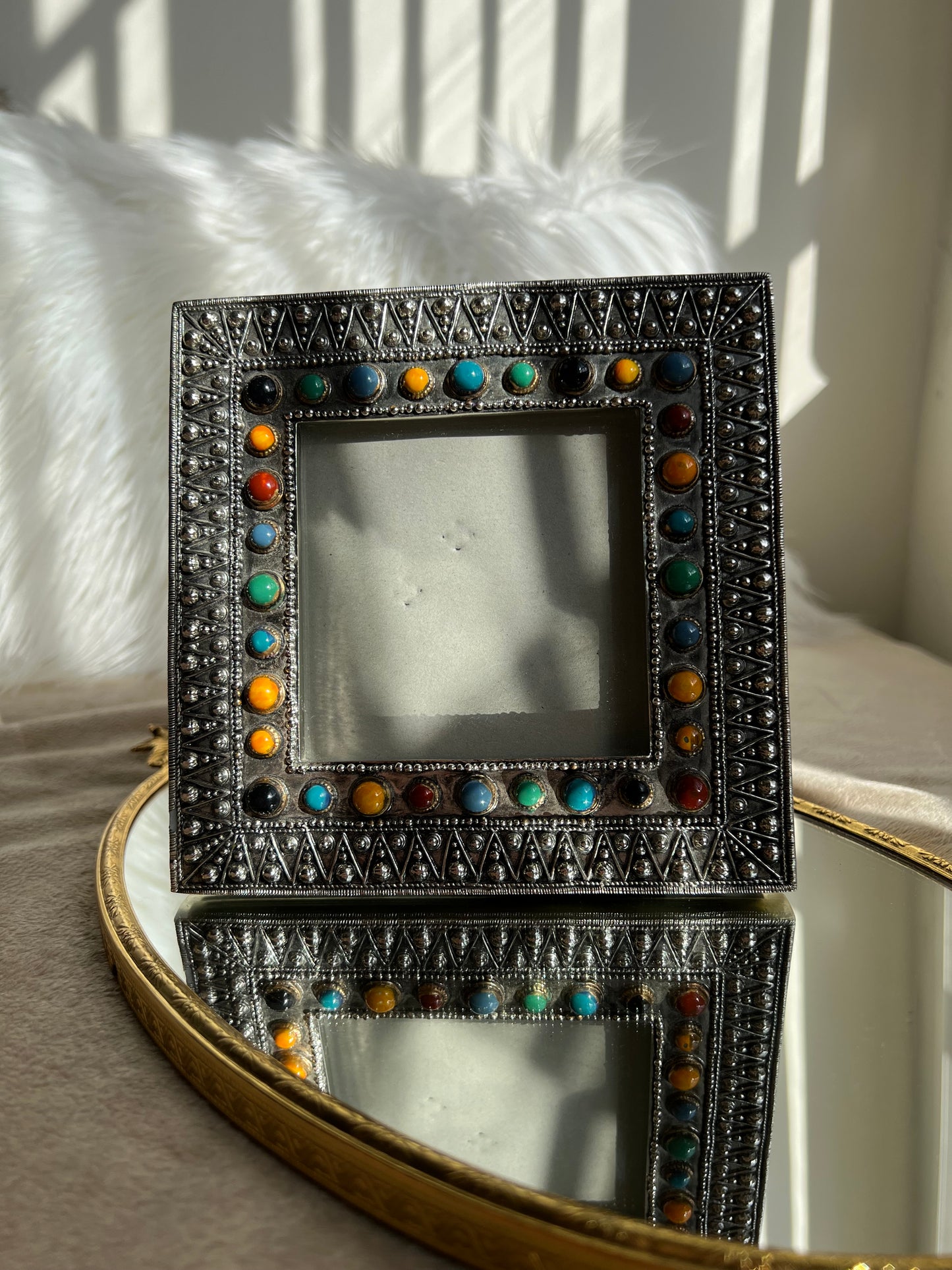 Unique Art Deco/ Pop Up Style Vinatage Silver Photo Frame with Colorful Stones Decorated