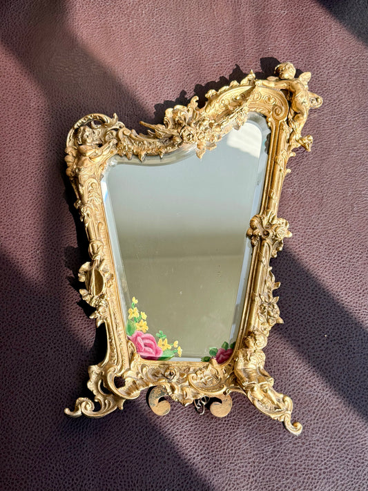 Antique Italian Rococo-Style Table Mirror with Gilded Frame, Featuring Putti (cherubs) Decor and Floral Painting