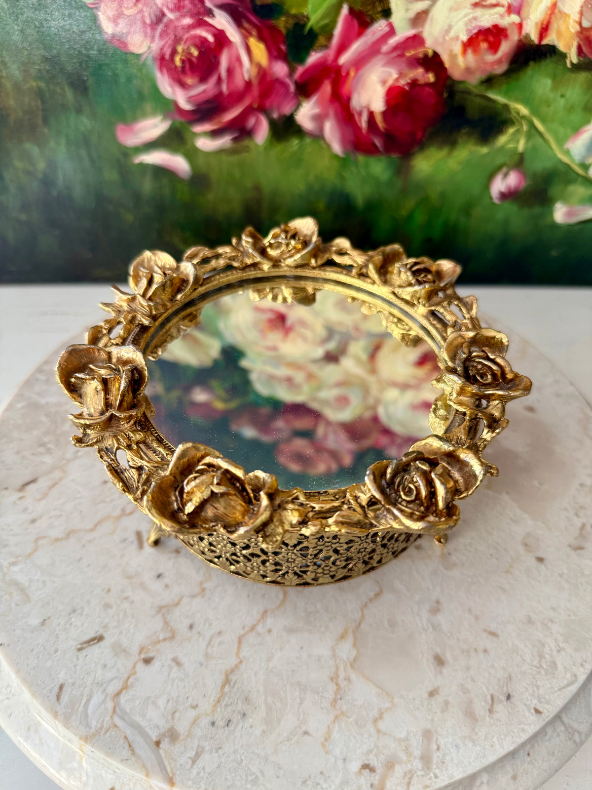1960s Hollywood Regency Vintage 24K Gold-plated Ormolu Filigree with Mirrored Glass and Rose Motifs Trinket Box or Powder Jar