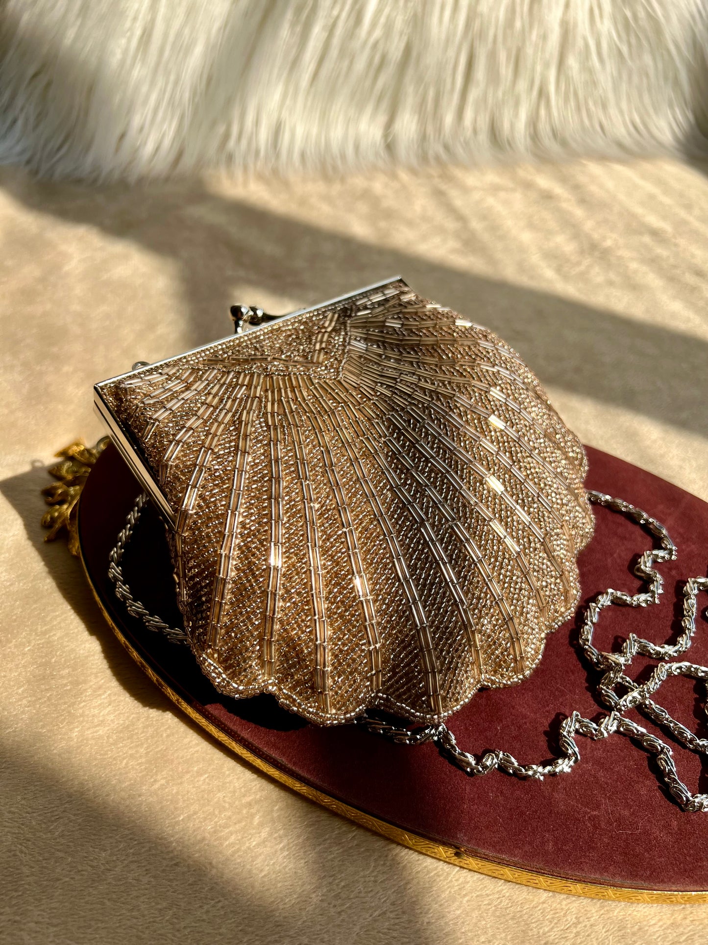 Valerie Stevens Vintage Scallop Shell Evening Beaded Clutch Purse