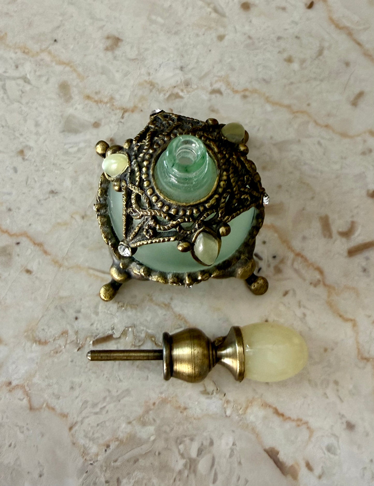 Vintage Frosted Green Glass Perfume Bottle Decorated with Rhinestones and Gemstones - Empty