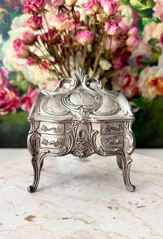 Antique Art Nouveau French Style Silver Plated Jewelry Casket Velvet Lined Romantic Trinket Box