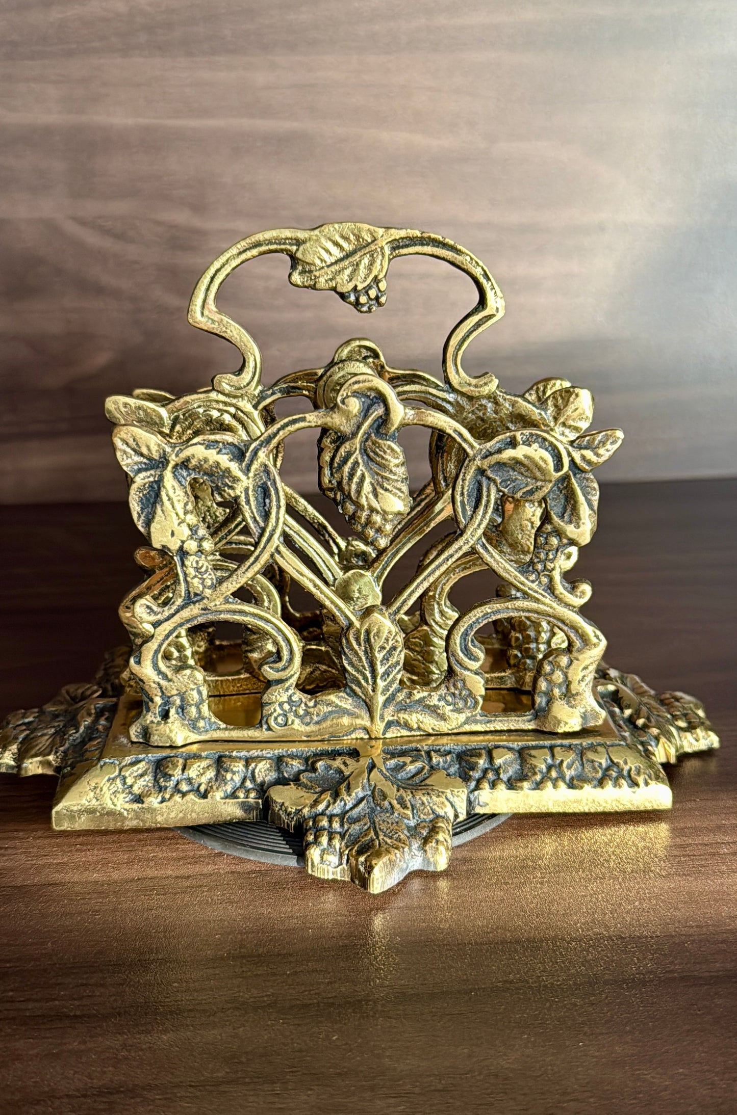 Vintage Brass Letter or Napkin Holder Desk Organizer with Grape Leaf Decoration, Made in England