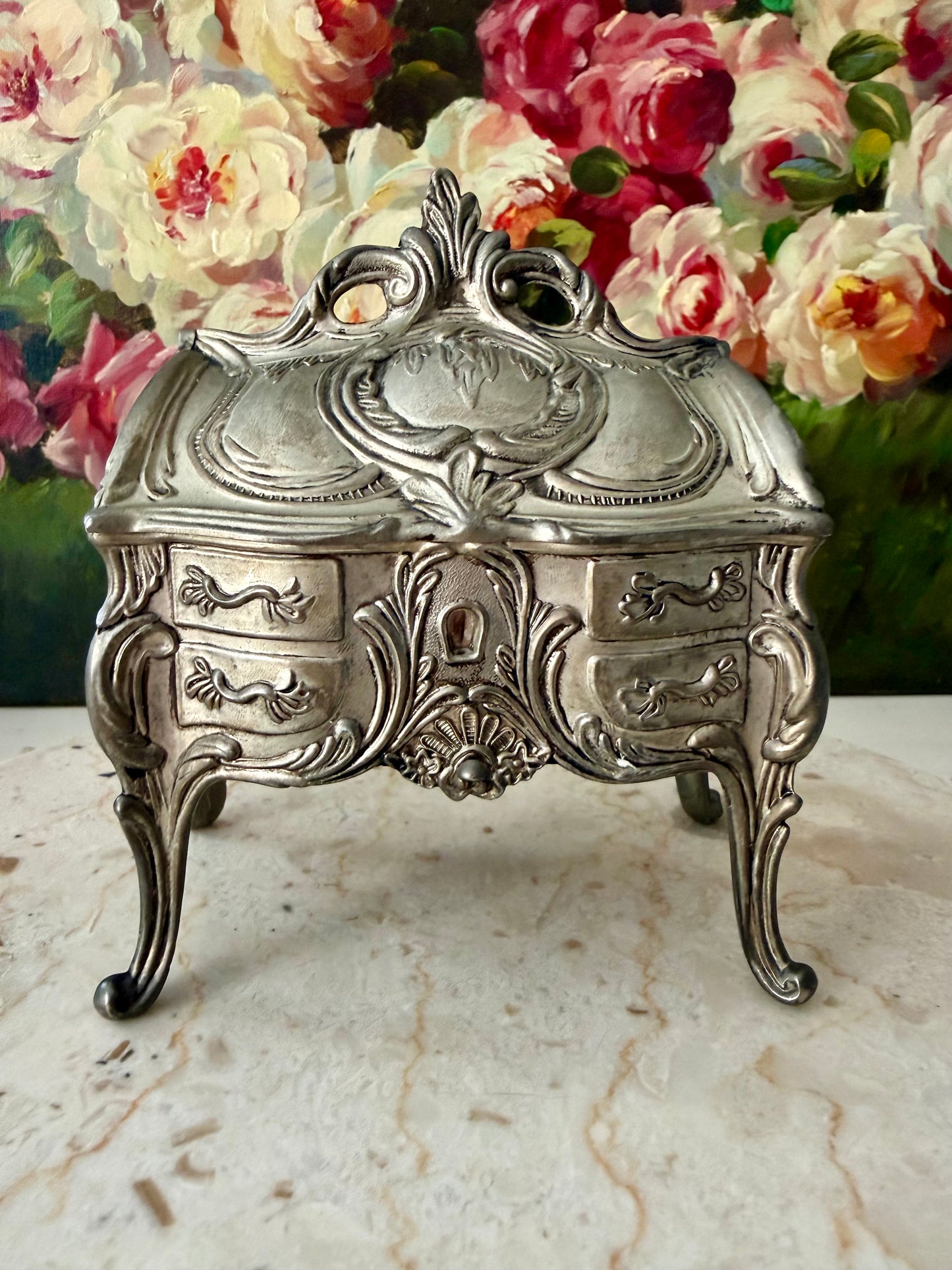 Antique Art Nouveau French Style Silver Plated Jewelry Casket Velvet Lined Romantic Trinket Box