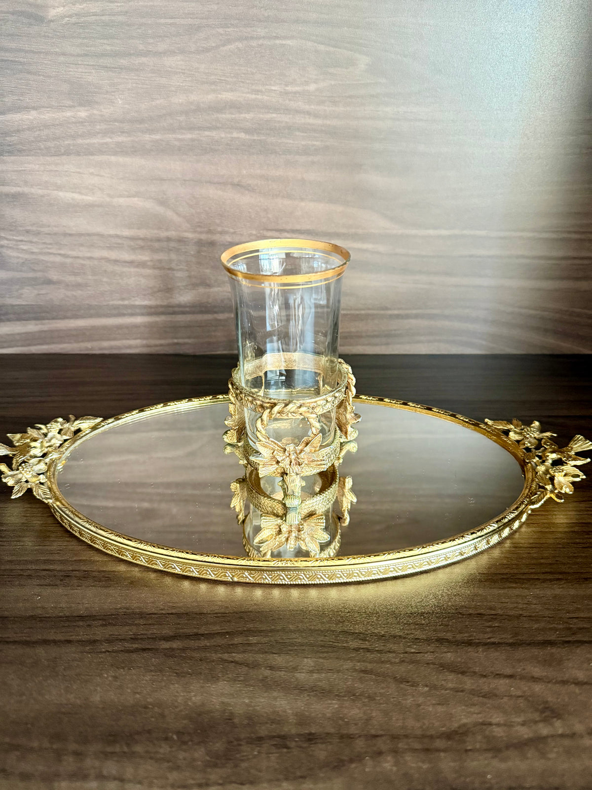 Vintage Hollywood Regency Italian Style Gold-plated Brass Ornate Floral Tumbler Stand with Glass Vase