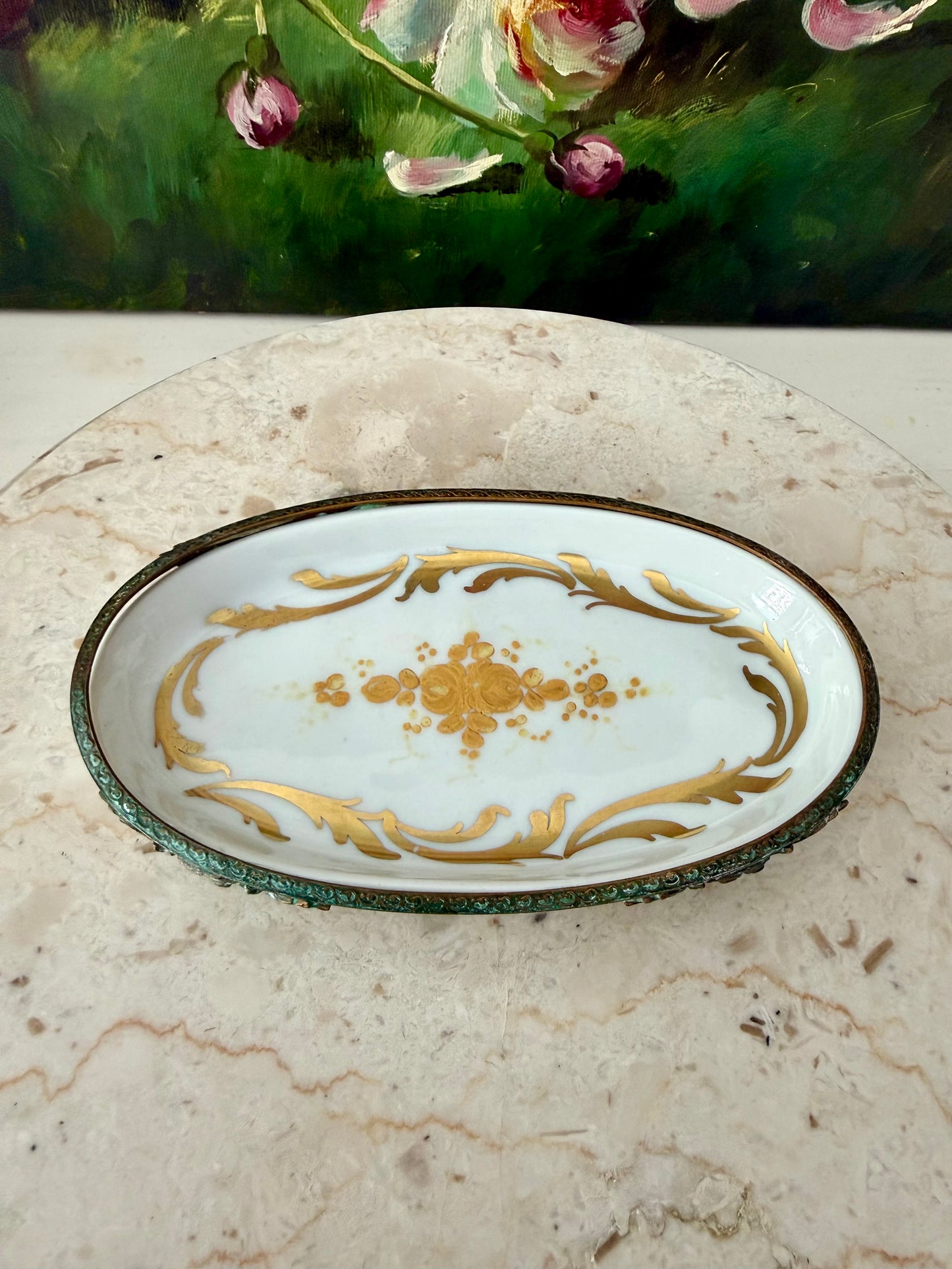 Antique Sévres Style Brass Footed and Hand-painted Oval Porcelain Decorative Soap Dish - Made in France