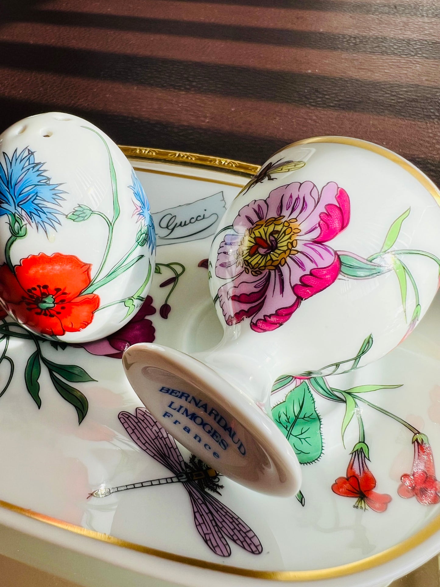 1980s Gucci Bernardaud Limoges Floral & Butterfly Print Porcelain Egg Cup and Salt Shaker Set, Made in France