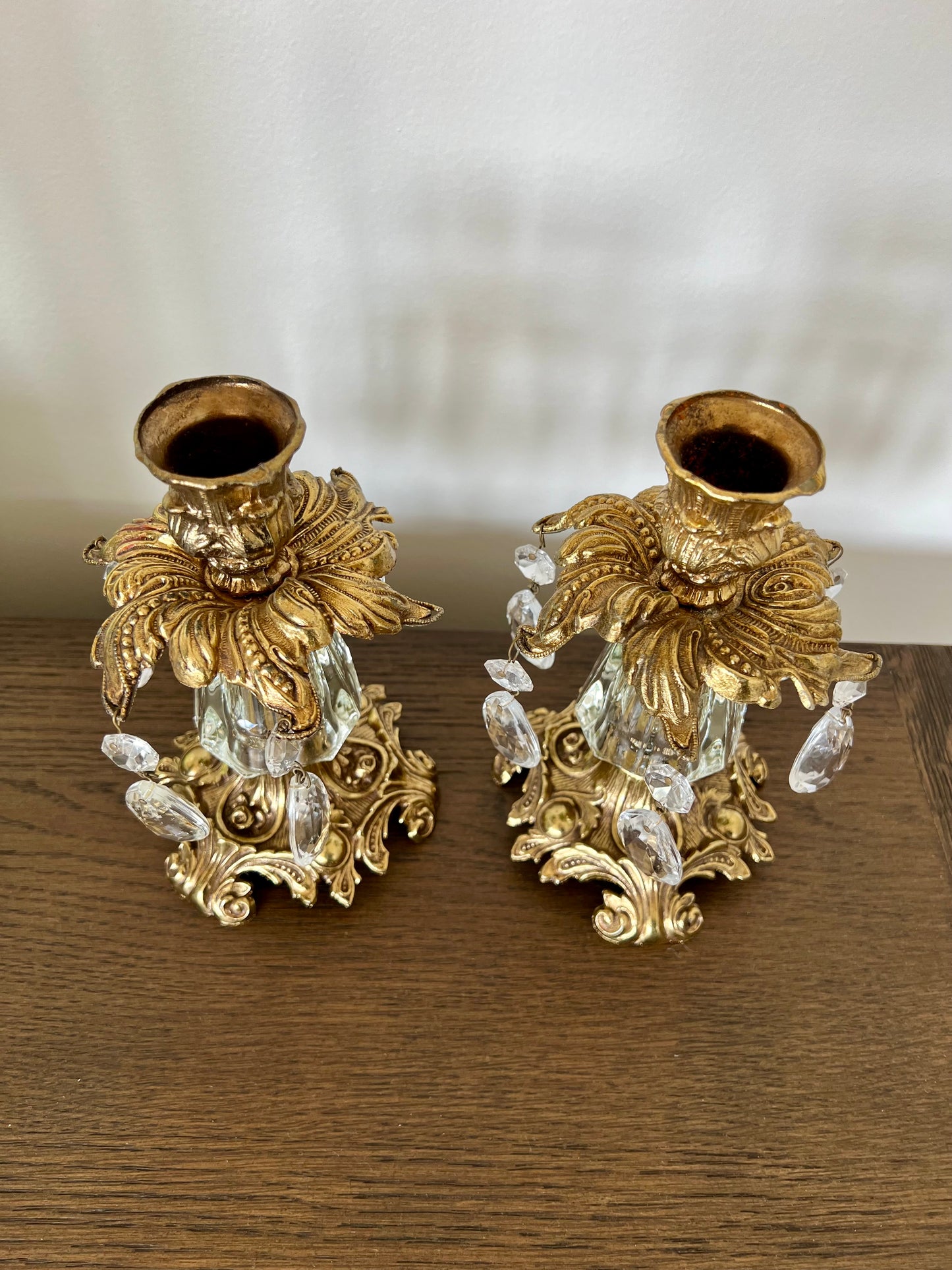 Beautiful Hollywood Regency Mid Century Vintage Gold Brass Candle Holders with Hanging Crystal Prisms - a Pair (2)