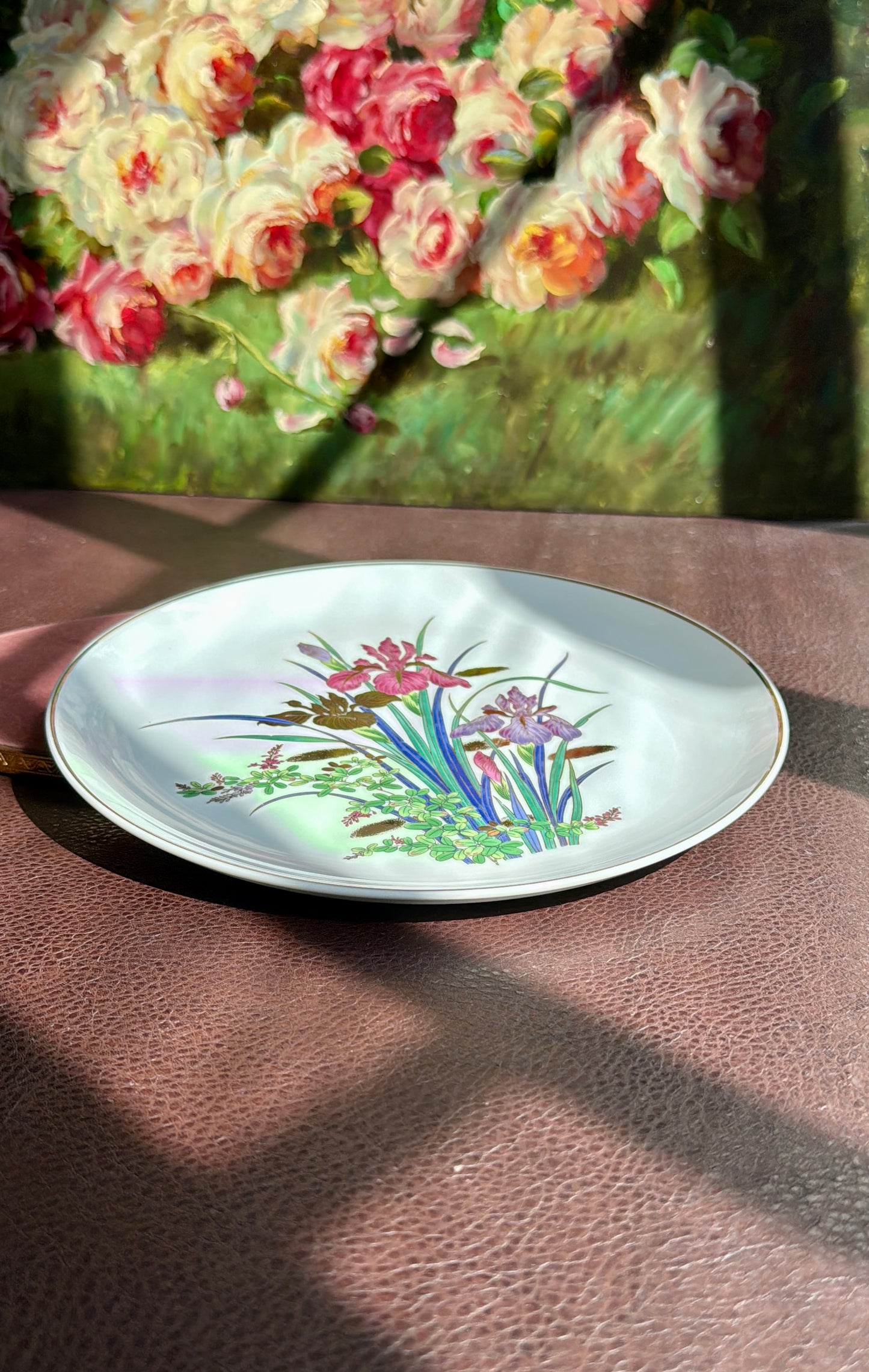 Iris Flower Design Hand-Painted and Gold Trim Vintage White Porcelain Plate - Made in Japan