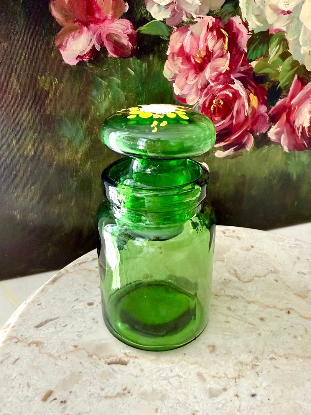 Emerald Green Vintage Belgium Apothecary Jar Glass with Handmade Floral Painting on the Bubble Top Lid