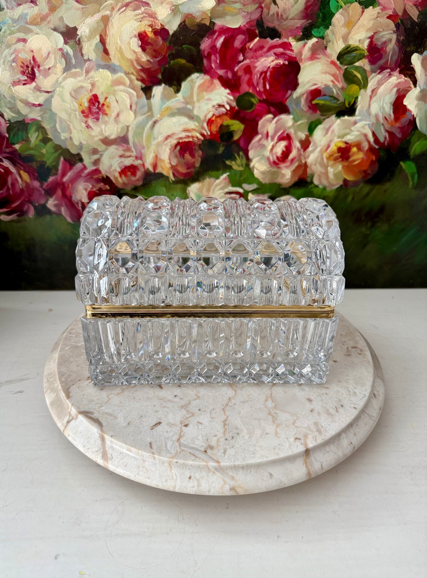 1960s Baccarat Style Heavy Cut Crystal Large Lidded Vintage Jewelry or Trinket Box/ Casket with Brass Frame