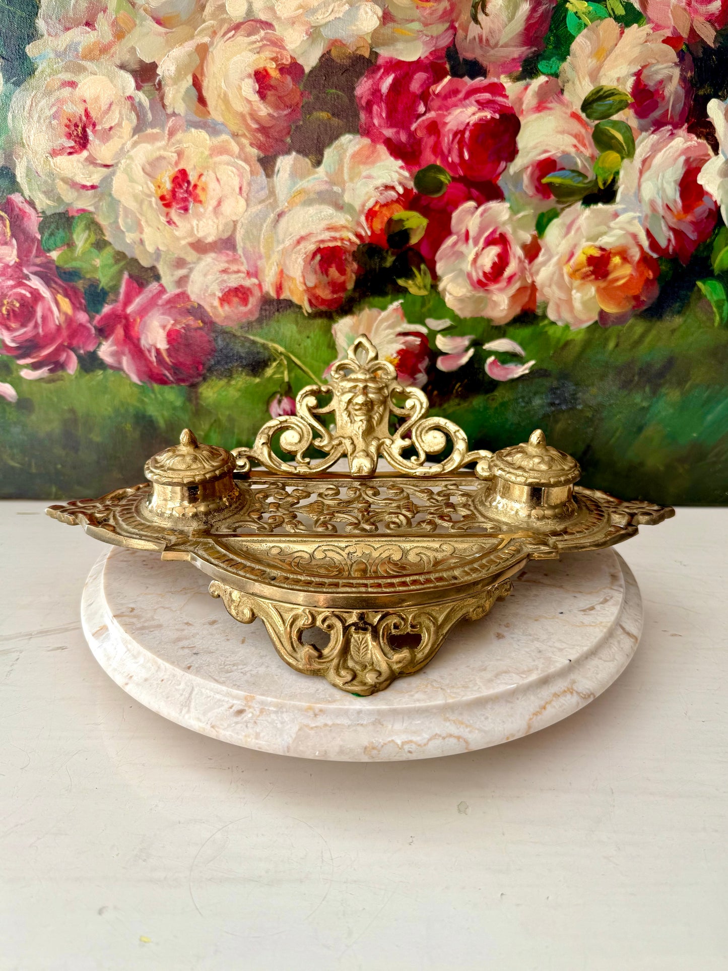 Andrea by Sadek Vintage Large Ornate Double Brass Inkwell, Made in Japan