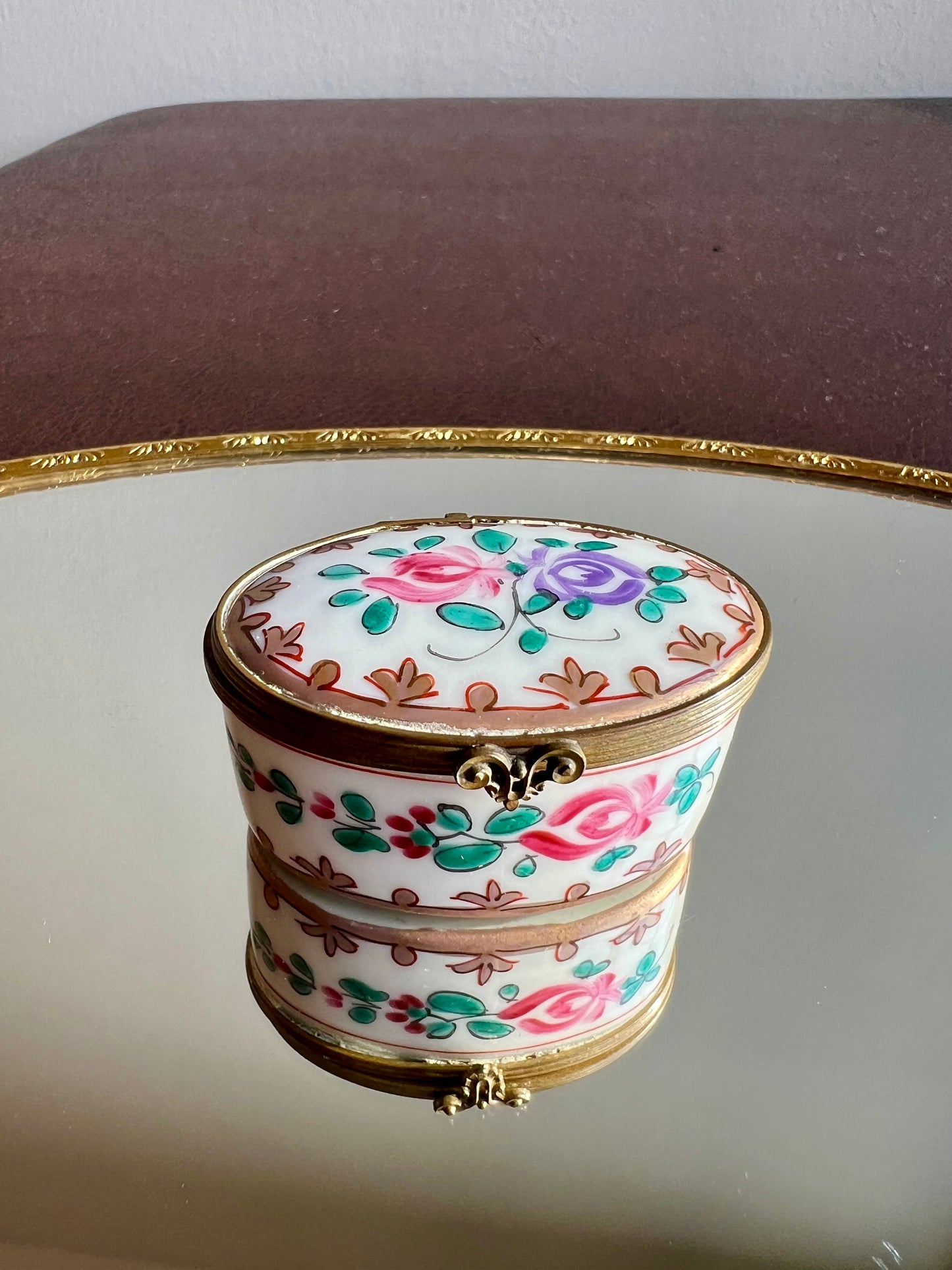 Antique/ Vintage French Oval Porcelain Miniature Jewelry or Pill Box with Decorative Floral Motifs - Double Red LL and ‘Made in France’ Marks on the Bottom