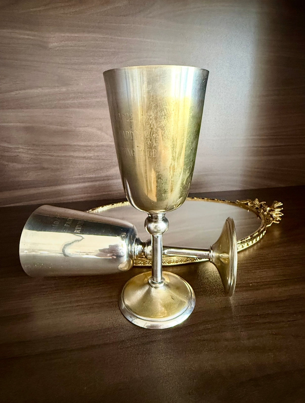 A Pair of Vintage Silver-Plated Wine Glasses with Long Stems and Slightly Flared Tops - these from the estate of Hollywood actor, writer, director, and producer Howard Storm