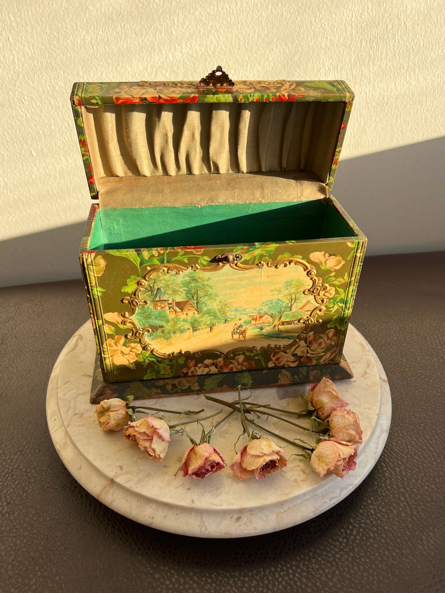 Antique Wooden Decorative Wallpaper Covered Recipe or Trinket Box with Floral Motif and Gilded Painting Design