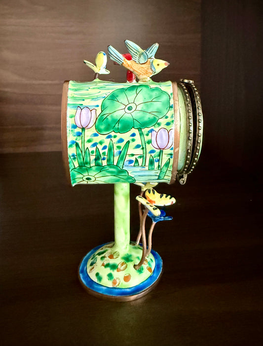 Vintage Hand-Painted Enamel on Copper Miniature Kelvin Chen Mailbox, Trinket Box and Stamps Holder - Numbered