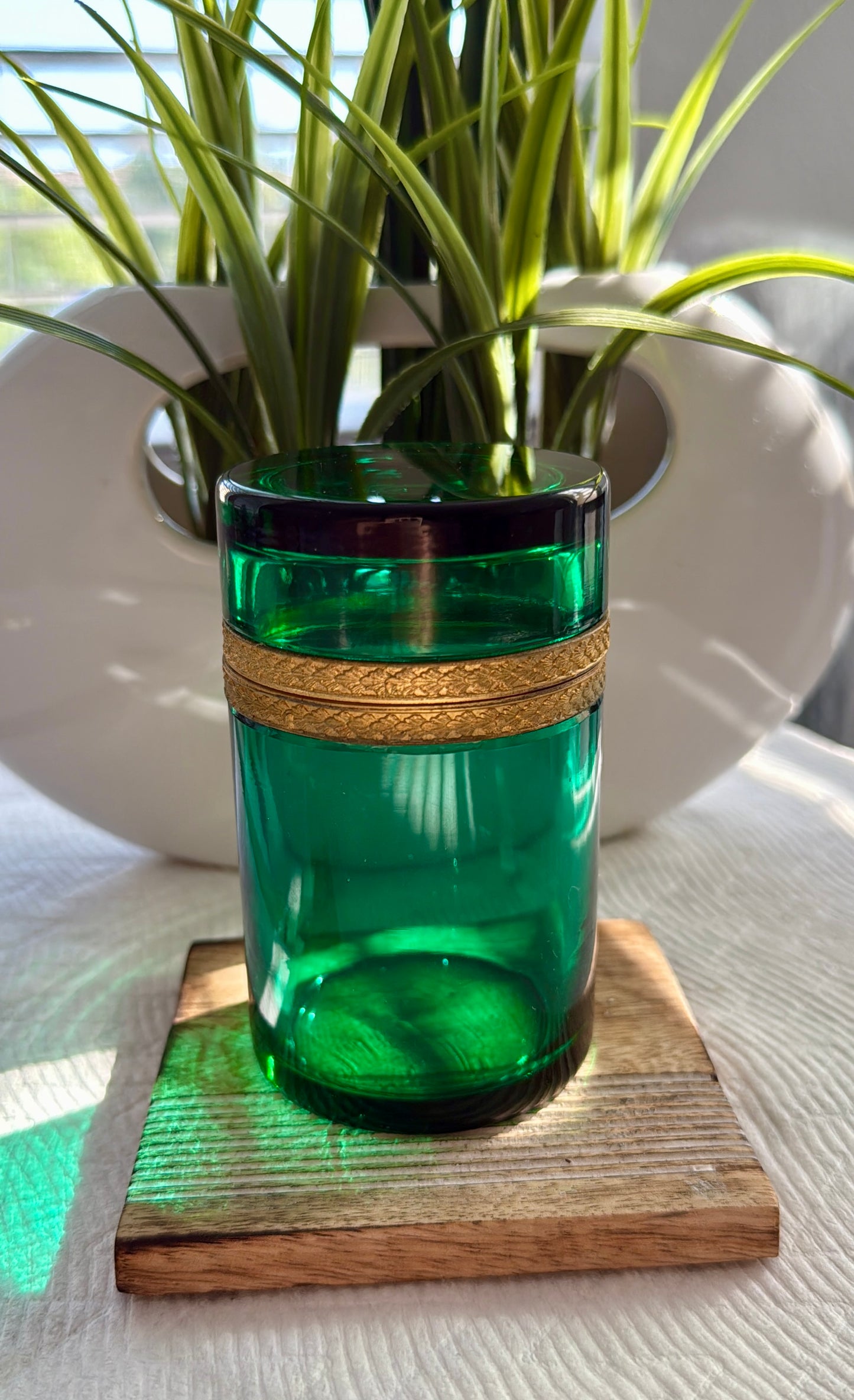 Antique Emerald Green Italian Murano Glass Cylindrical Jewelry or Trinket Box with Bronze Dore Gold Brass Mounts