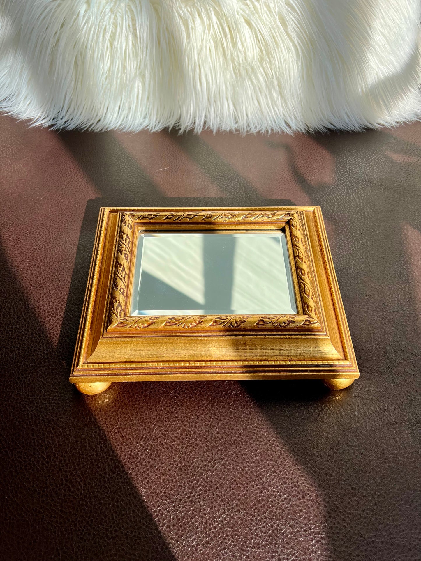 Vintage Gild Wooden Framed Table or Shelf Mirror with 4 Round Legs