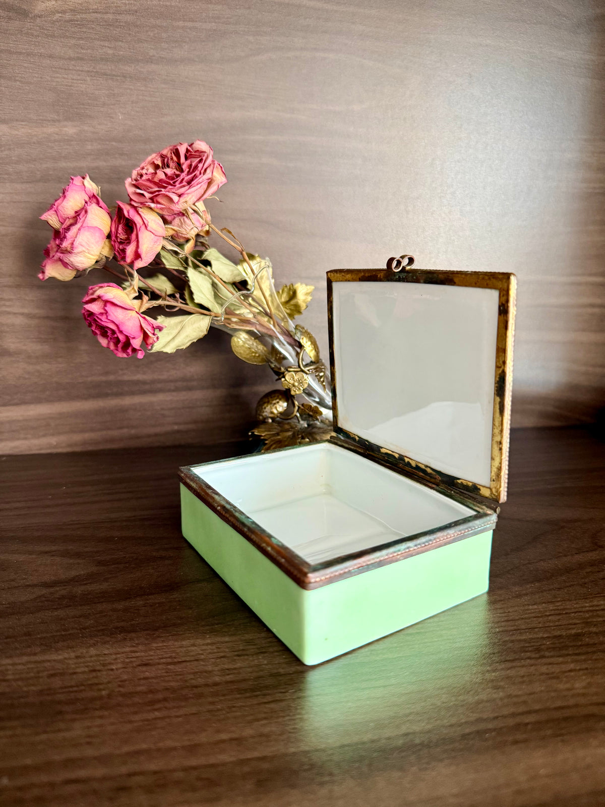 Antique European French Style Green Porcelain Jewelry or Trinket Hinged Box