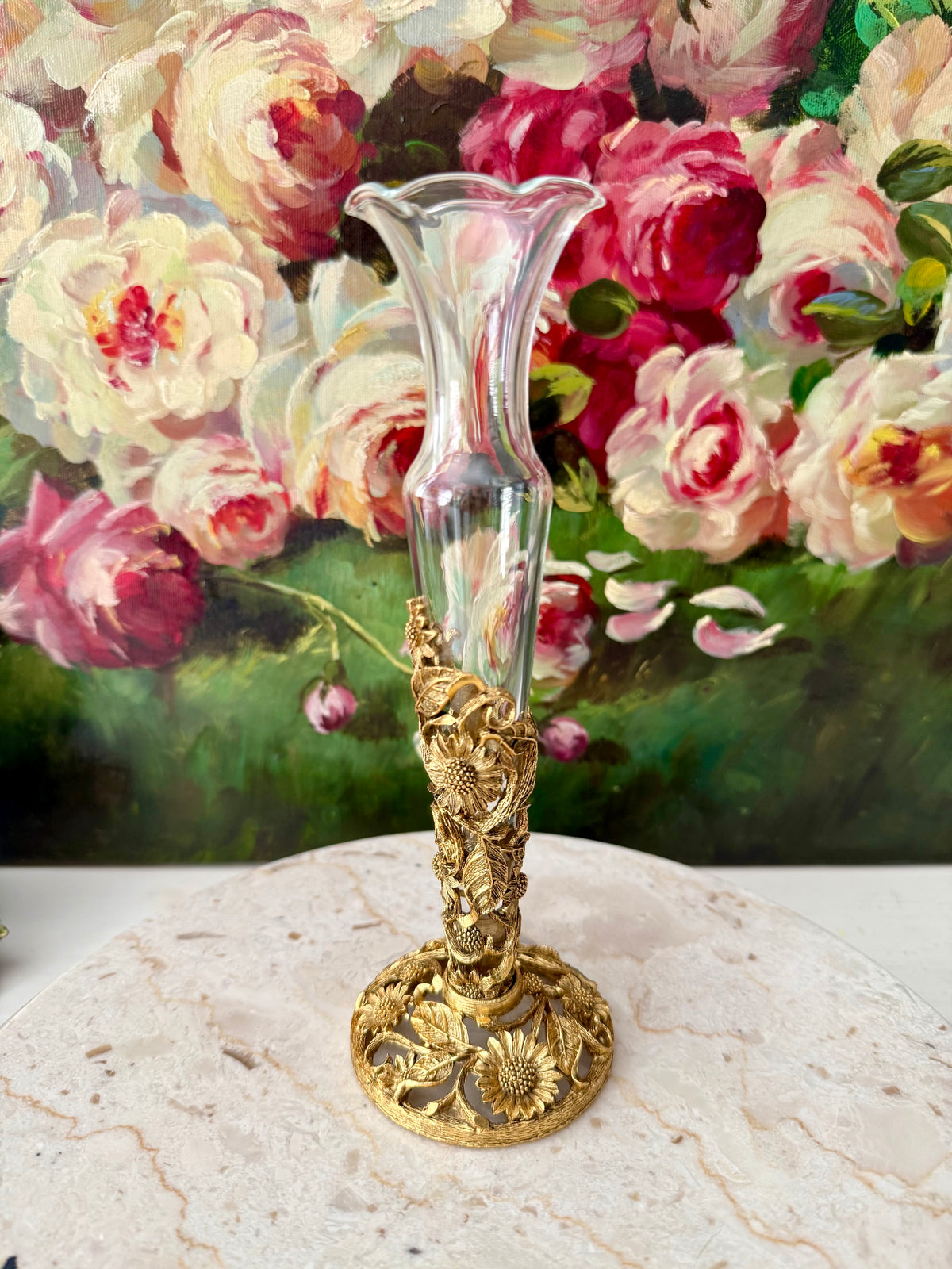 24k Vintage Matson Gold-plated Sunflower Brass Filigree Ormolu with Removable Glass Vase