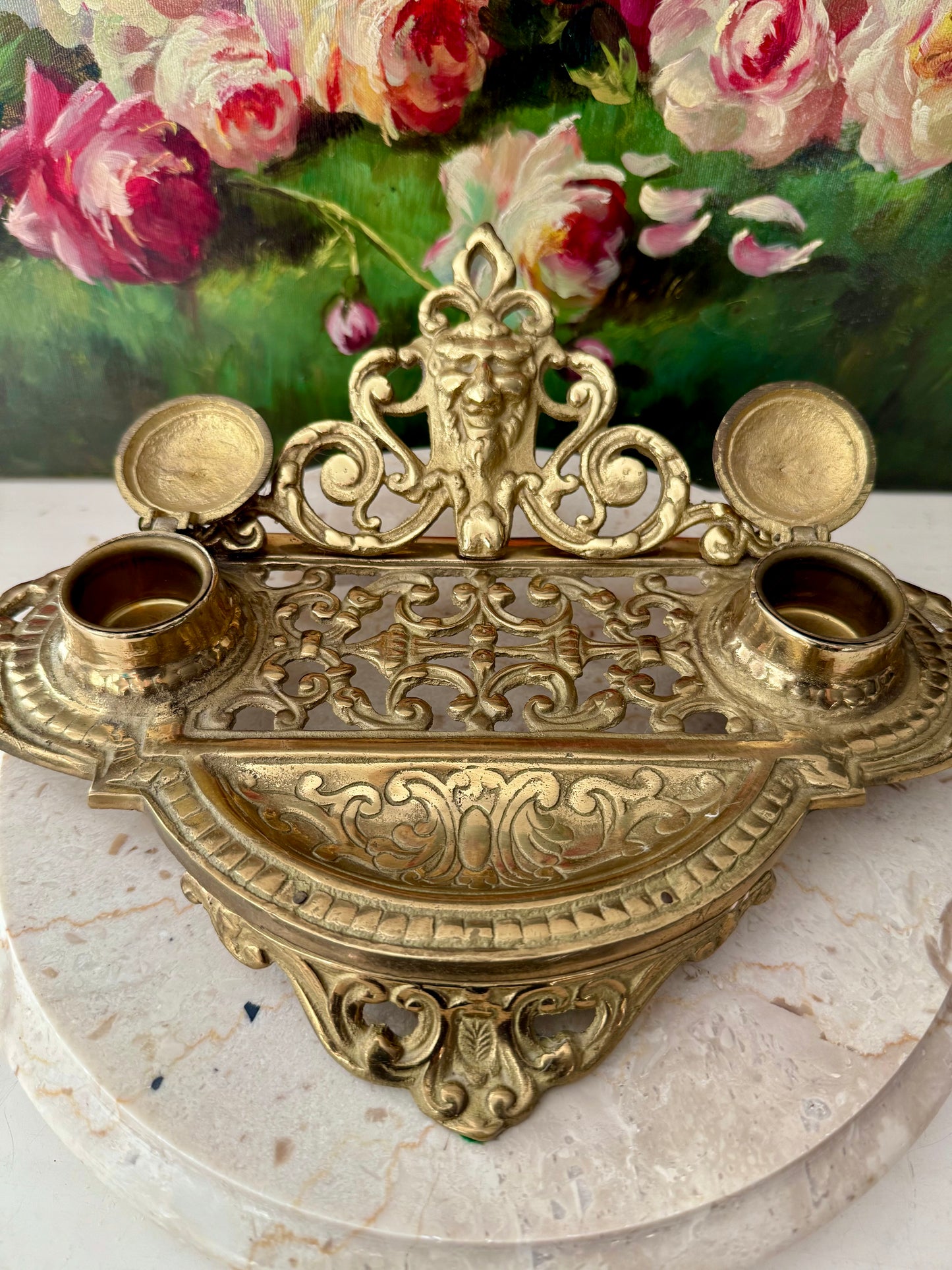 Andrea by Sadek Vintage Large Ornate Double Brass Inkwell, Made in Japan