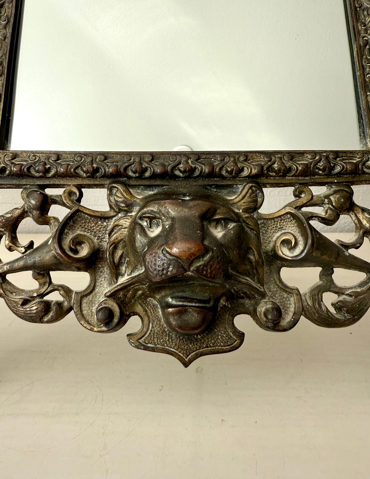 Antique Gilded Cast Iron Cherub and Lion Heads, Victorian French Style Ornate Vanity Table Mirror from Late 19th Century