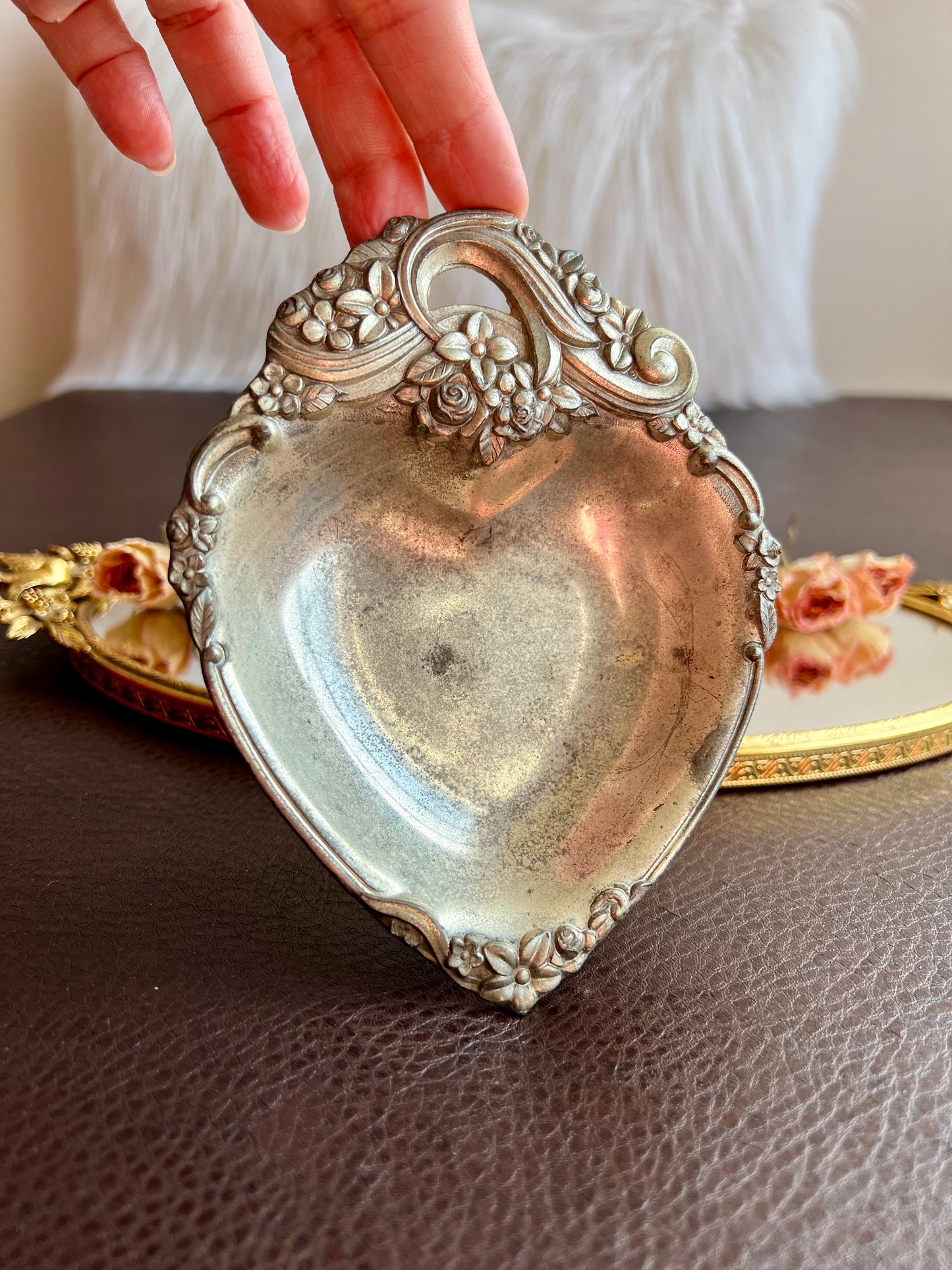 Italian Style Silver Plated Metal Heart Shaped Vintage Change Dish, Bon Bon Dish or Jewelry Holder