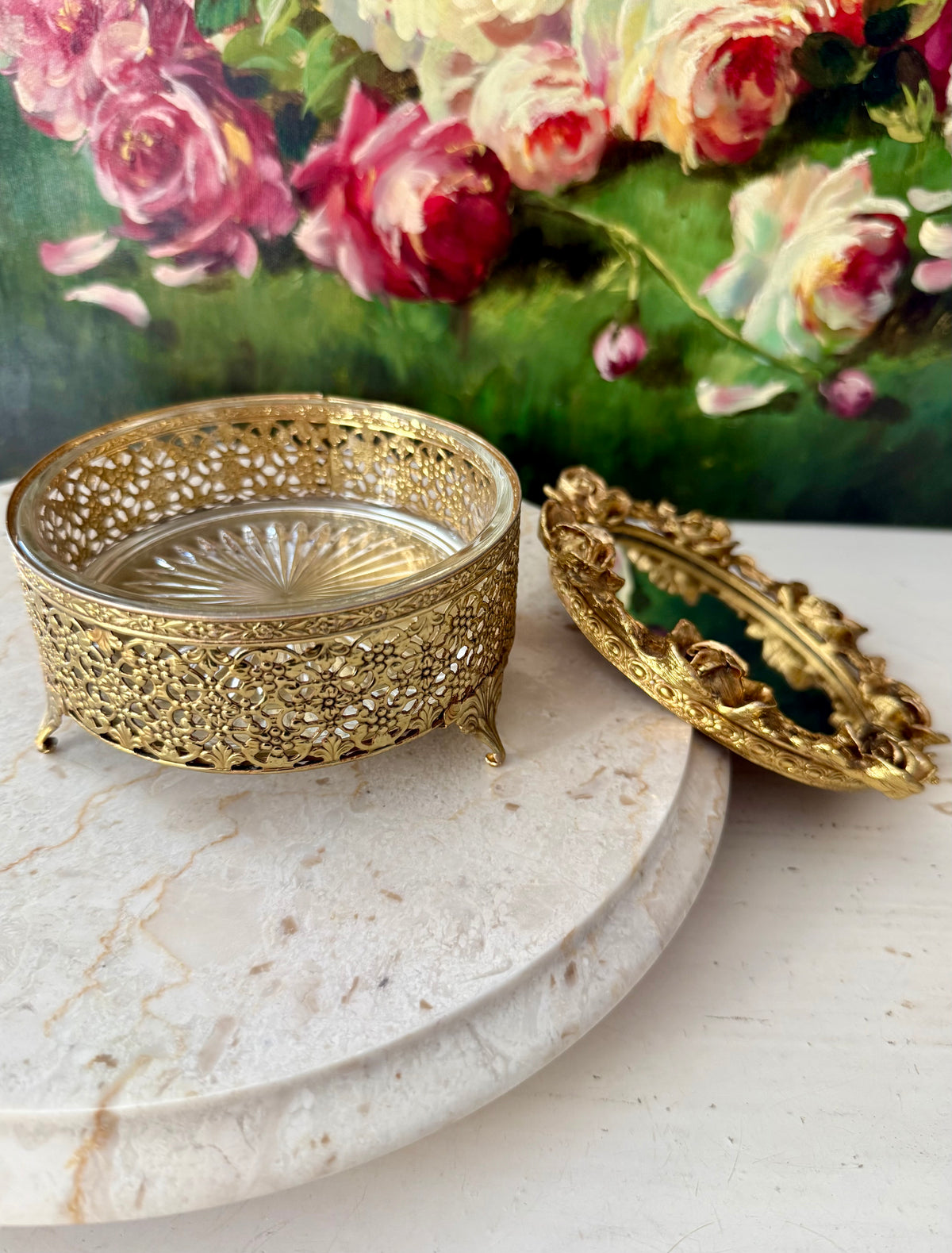 1960s Hollywood Regency Vintage 24K Gold-plated Ormolu Filigree with Mirrored Glass and Rose Motifs Trinket Box or Powder Jar