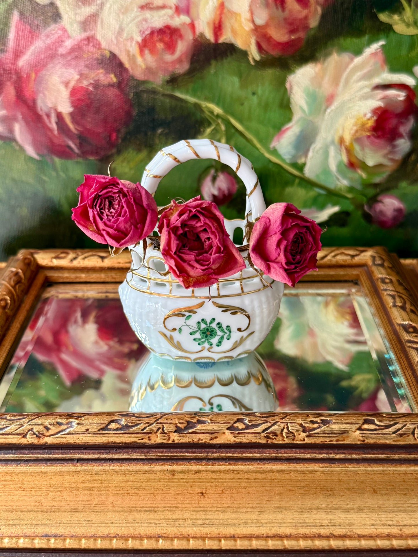 Herend Hungarian Vintage Mini Porcelain Basket with Handle - Made in Hungary