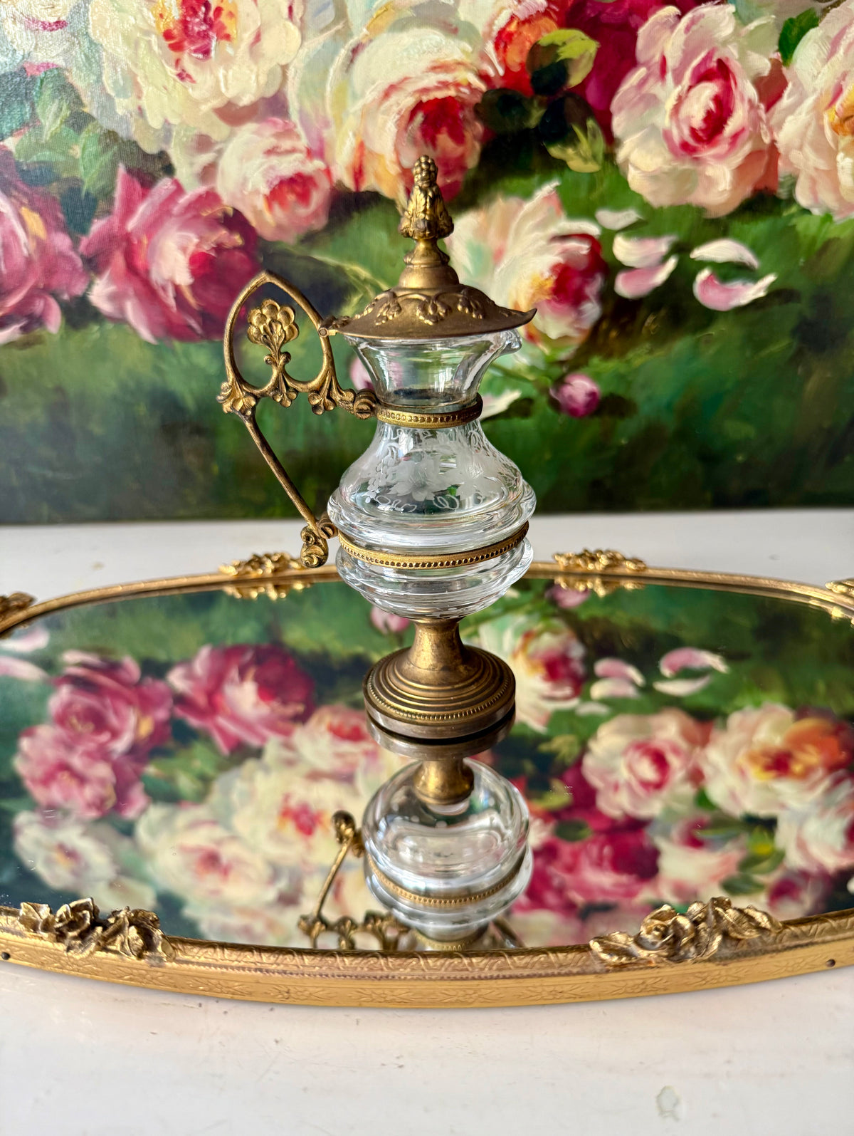Matson Hollywood Regency Vintage Ornate 24K Gold Gilt Vanity Perfume Mirror Tray with Roses Motifs