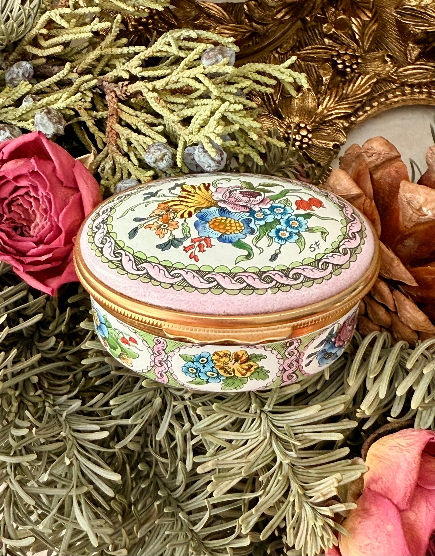 Halcyon Days Vintage Hand-Painted Enamel Floral Jewelry or Trinket Box, Made in England