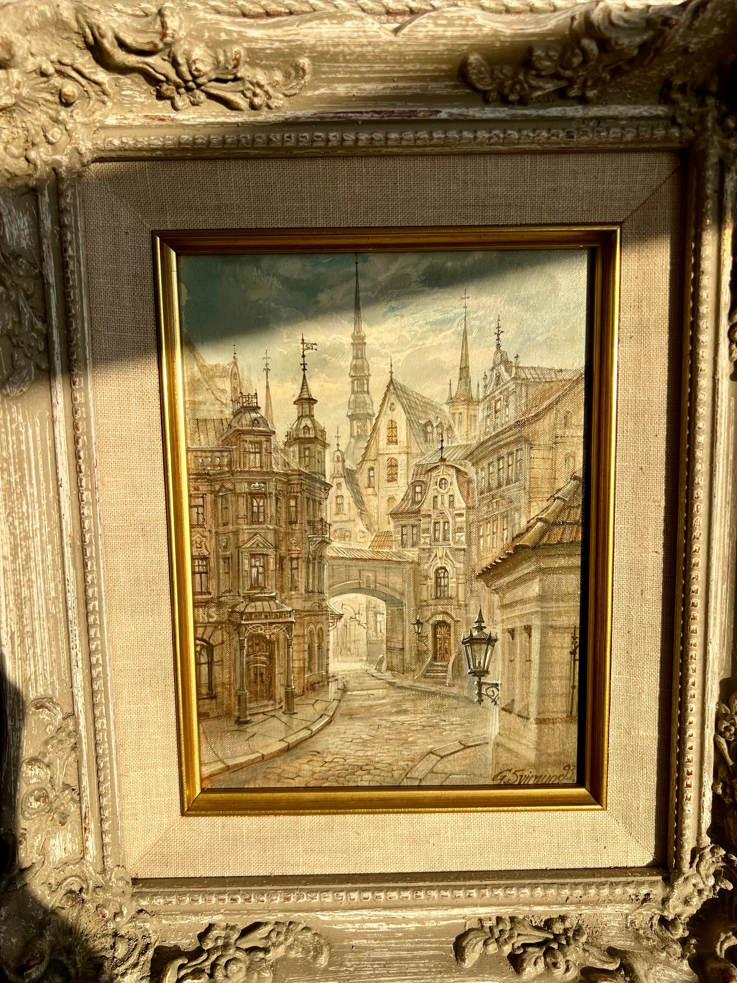 Very Unique “Riga” Old City Original Artwork Vintage Oil Painting with Wooden Framed Signed by G.Sviraunc