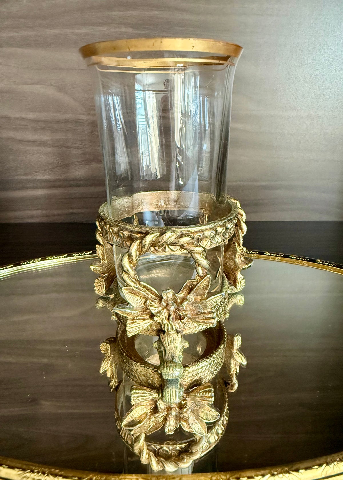 Vintage Hollywood Regency Italian Style Gold-plated Brass Ornate Floral Tumbler Stand with Glass Vase