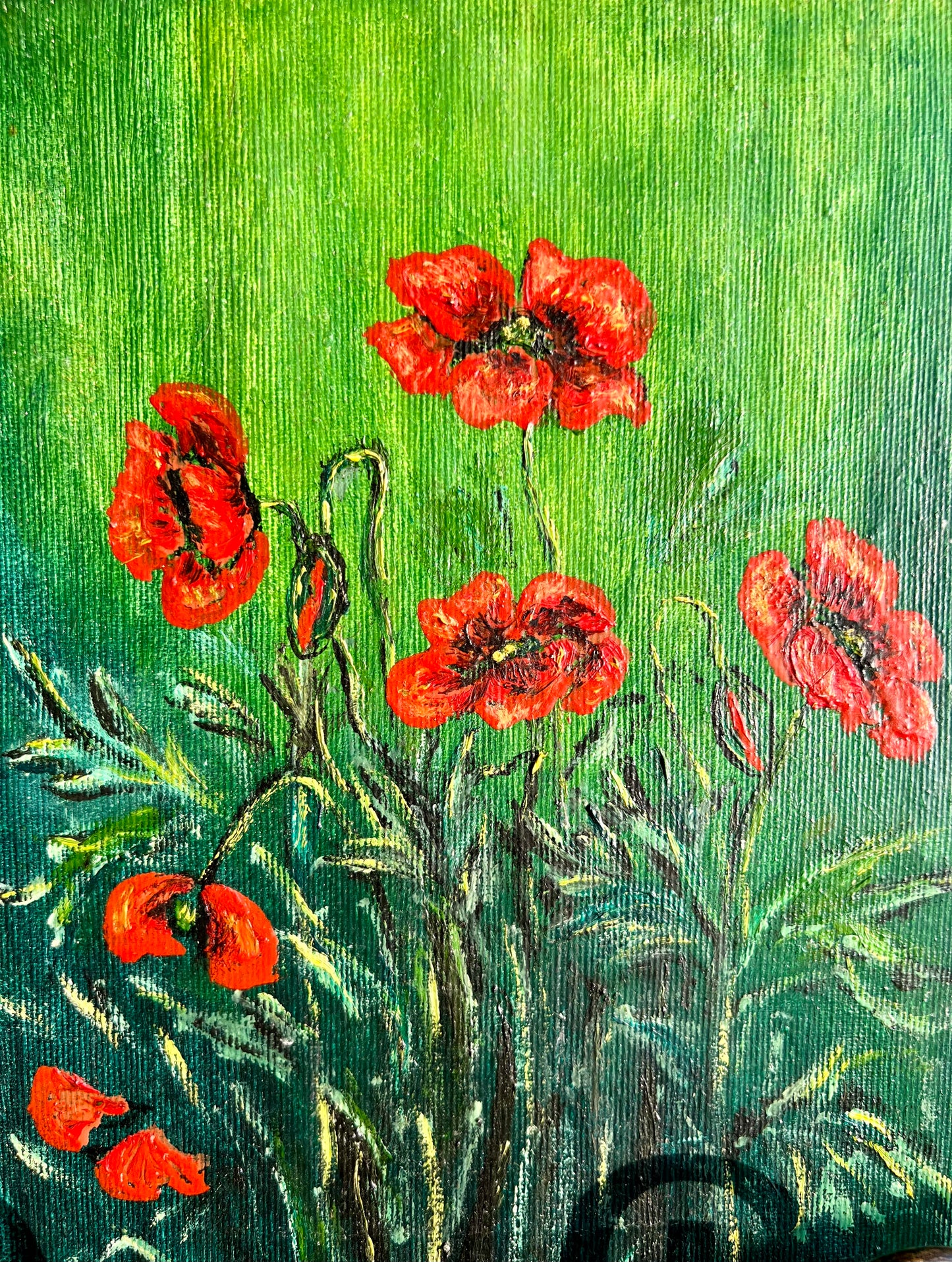 Colorful Field of Poppies Vintage Original Oil Painting on Canvas without Frame, Signed by Artist