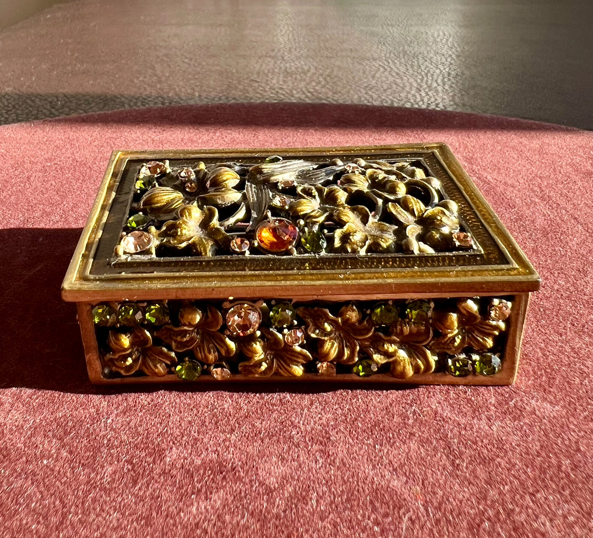 Enameled Vintage Metal Jewelry/ Trinket Box with Colorful Rhinestone Jewels