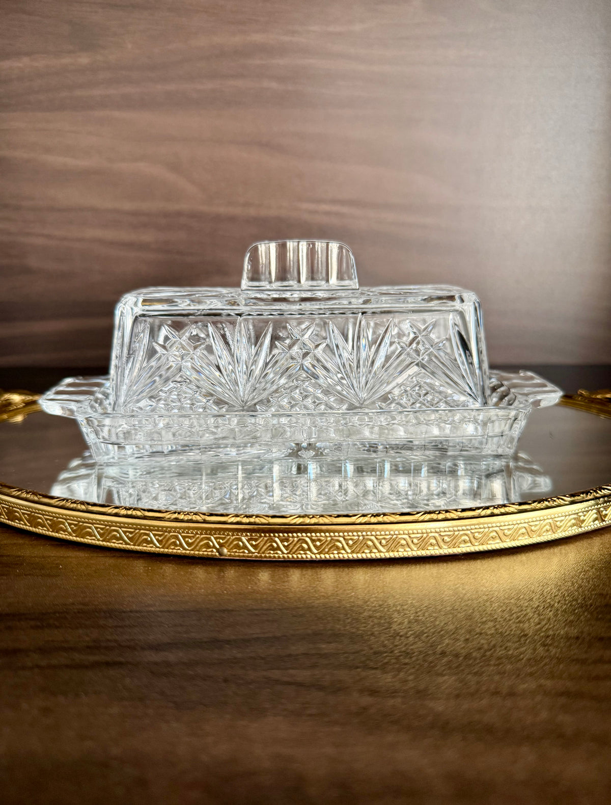 Vintage Cut Crystal Glass Butter Dish with a "Cherrywood Clear" Style Pattern