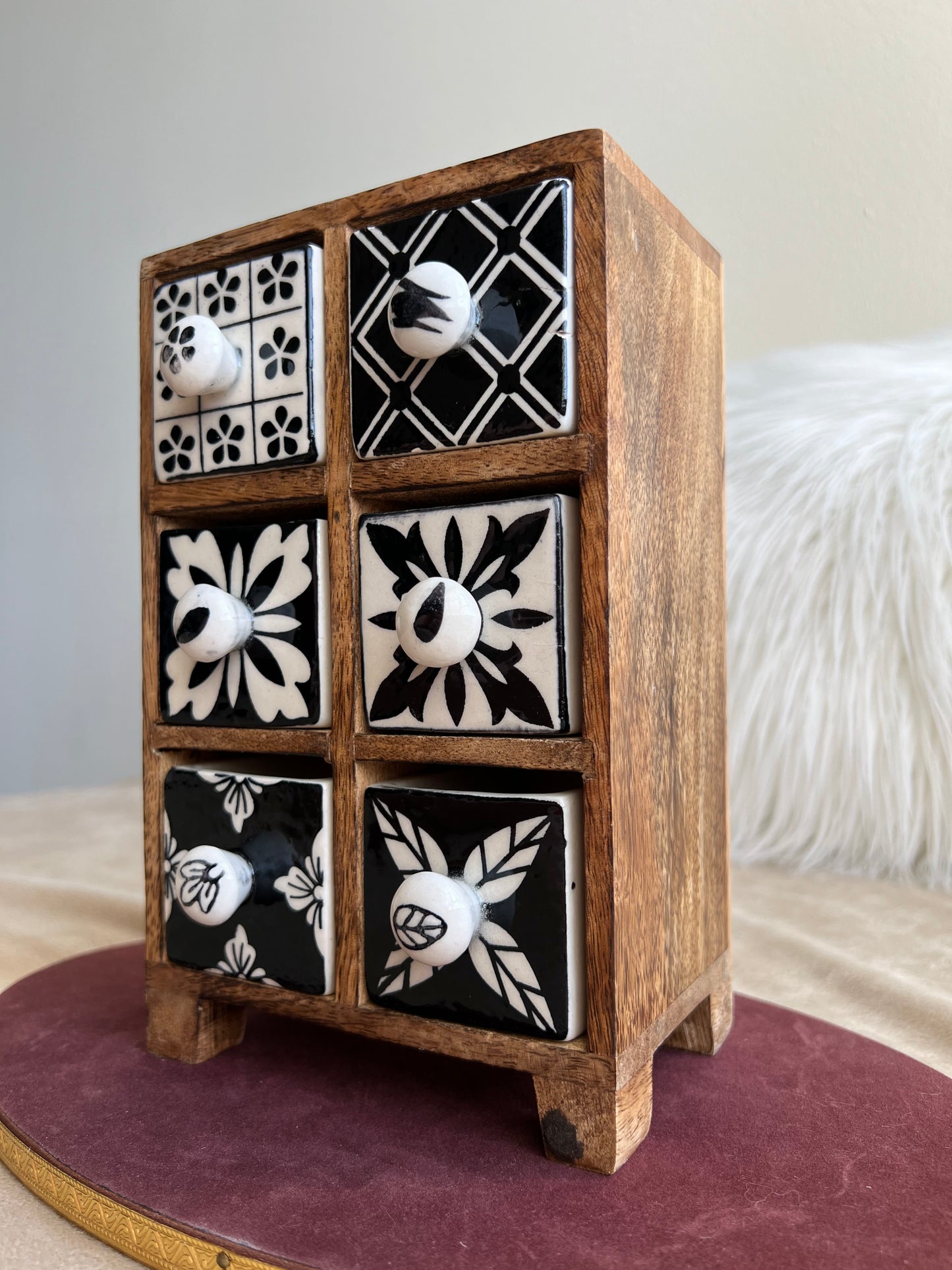 Hand Painted Wooden Chest with Ceramic Drawers and Jewelry Storage