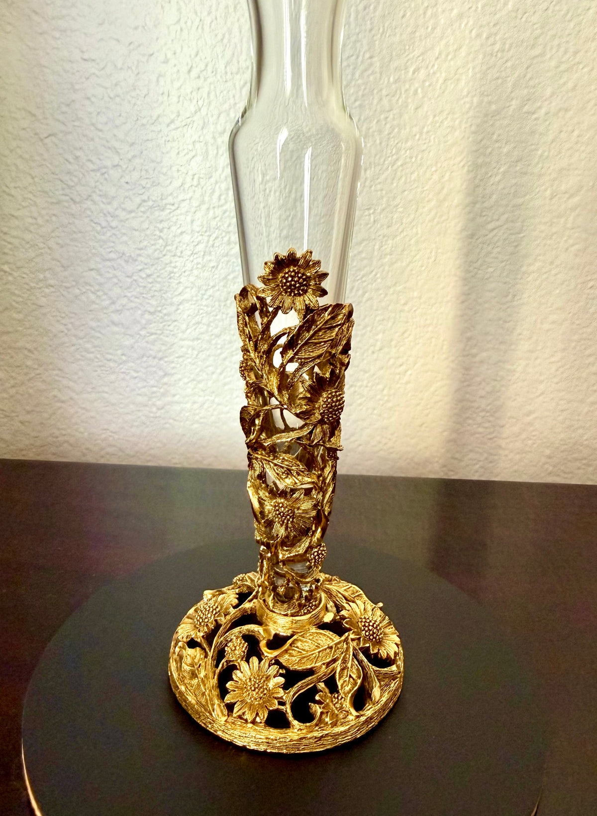 24k Vintage Matson Gold-plated Sunflower Brass Filigree Ormolu with Removable Glass Vase
