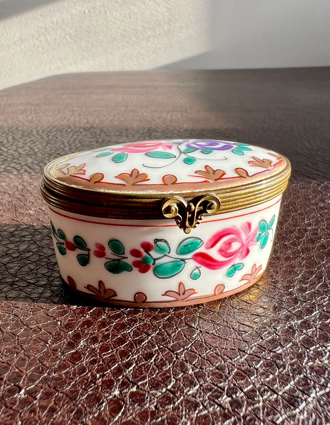 Antique/ Vintage French Oval Porcelain Miniature Jewelry or Pill Box with Decorative Floral Motifs - Double Red LL and ‘Made in France’ Marks on the Bottom