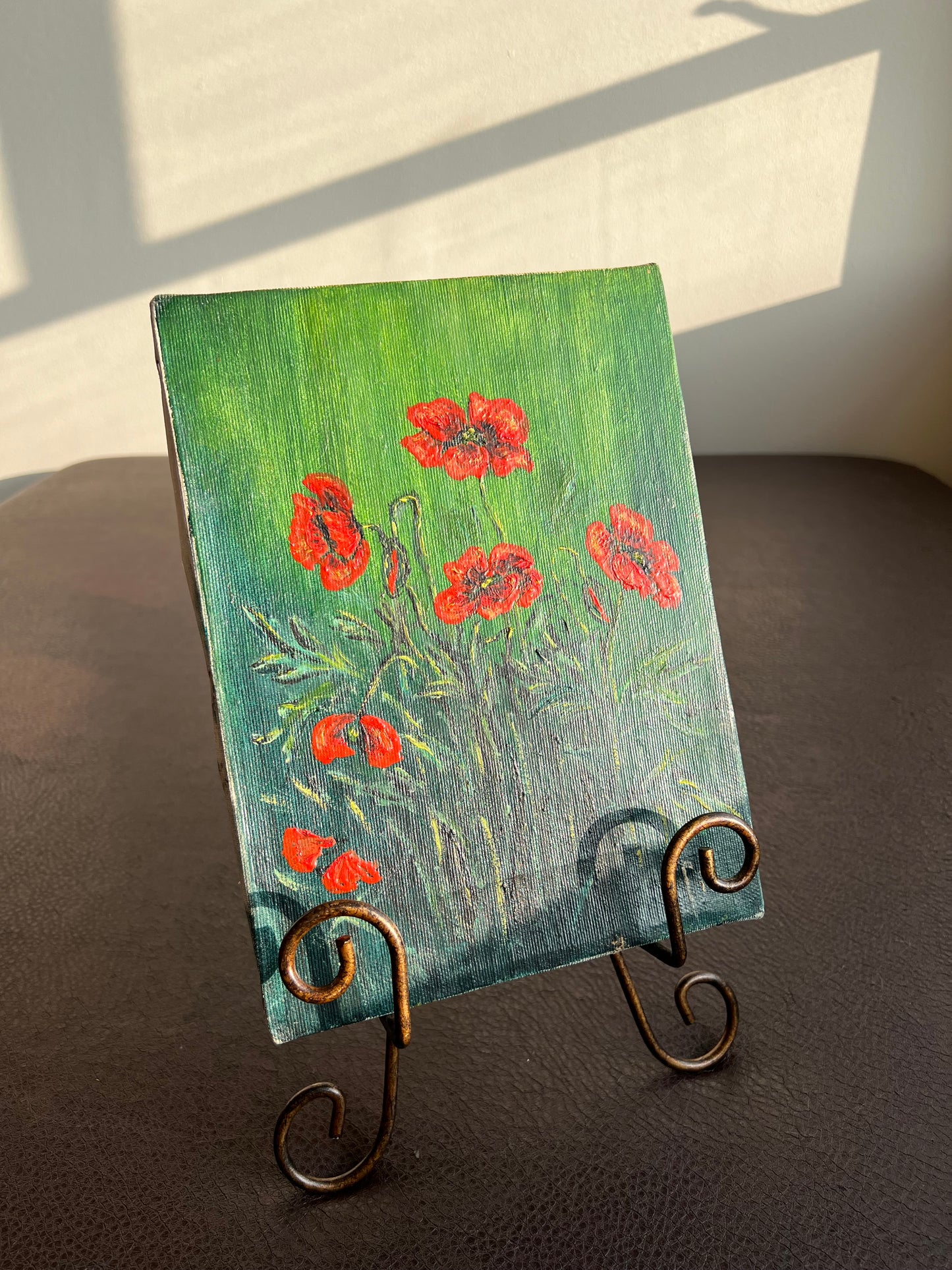 Colorful Field of Poppies Vintage Original Oil Painting on Canvas without Frame, Signed by Artist