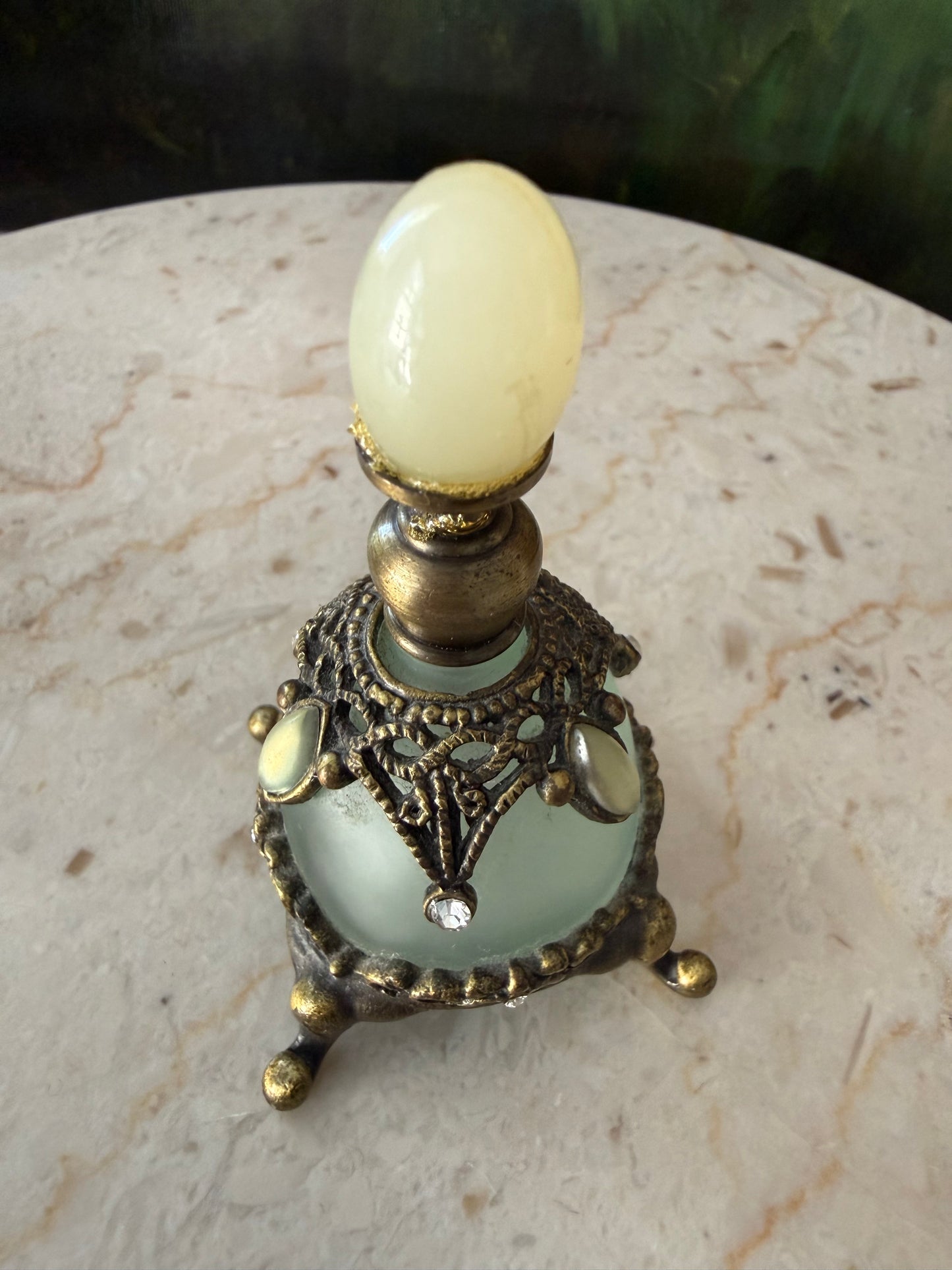 Vintage Frosted Green Glass Perfume Bottle Decorated with Rhinestones and Gemstones - Empty