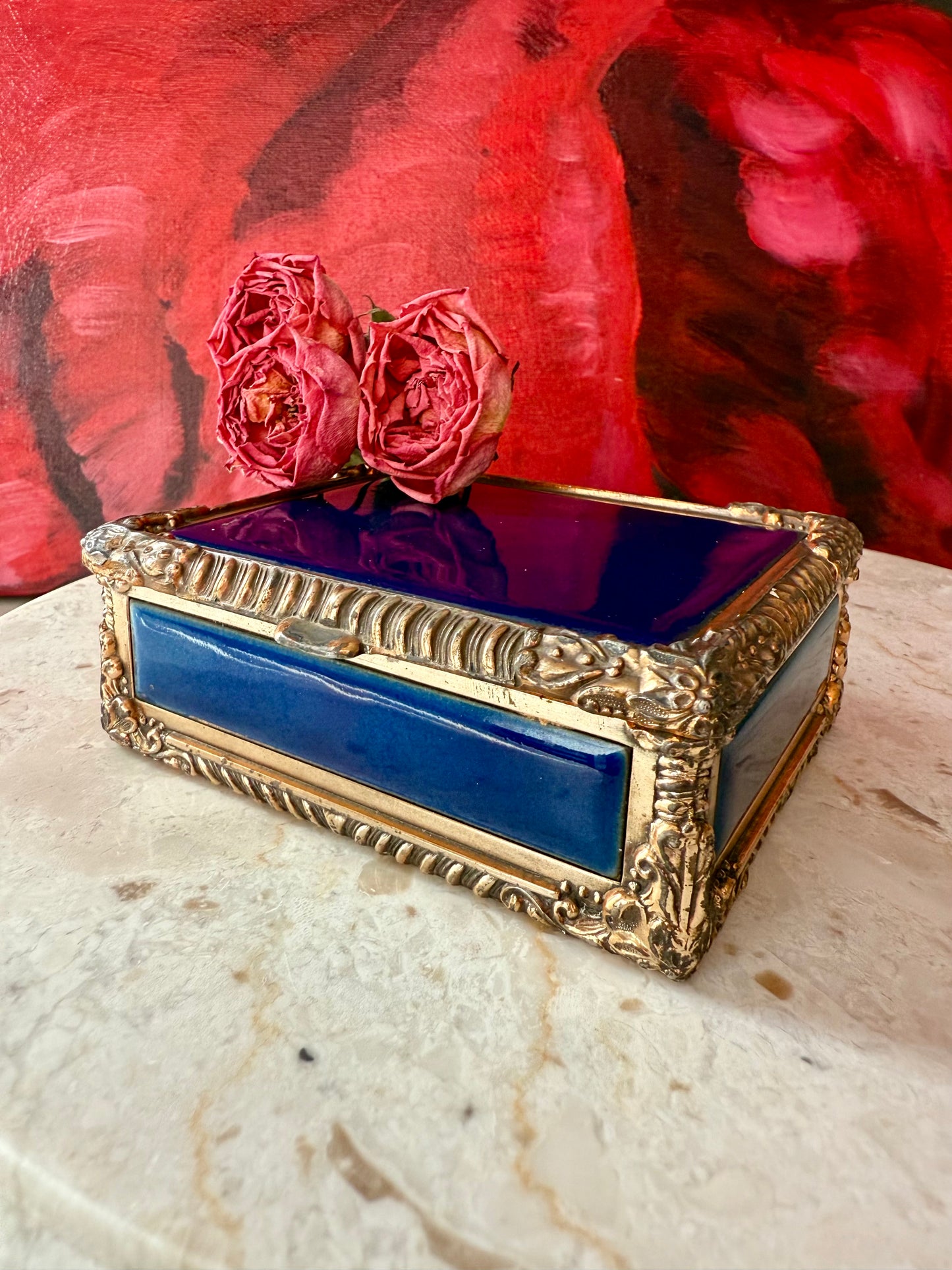 Royal Bovano Italian Style Cobalt Blue Enamel Vintage Cigarette Case or Jewelry Box from the 1950s or 1960s