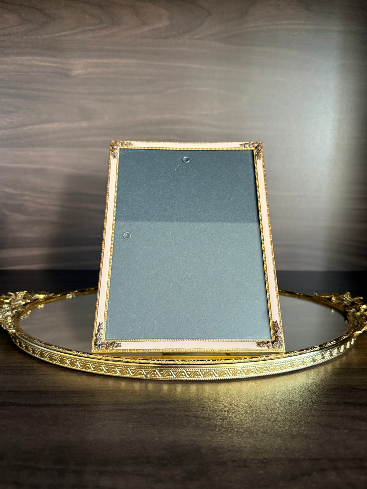Elegant Gold-tone Classic Leaf and Floral Motif and Pastel Pink Enamel Style Vintage Photo or Picture Frame