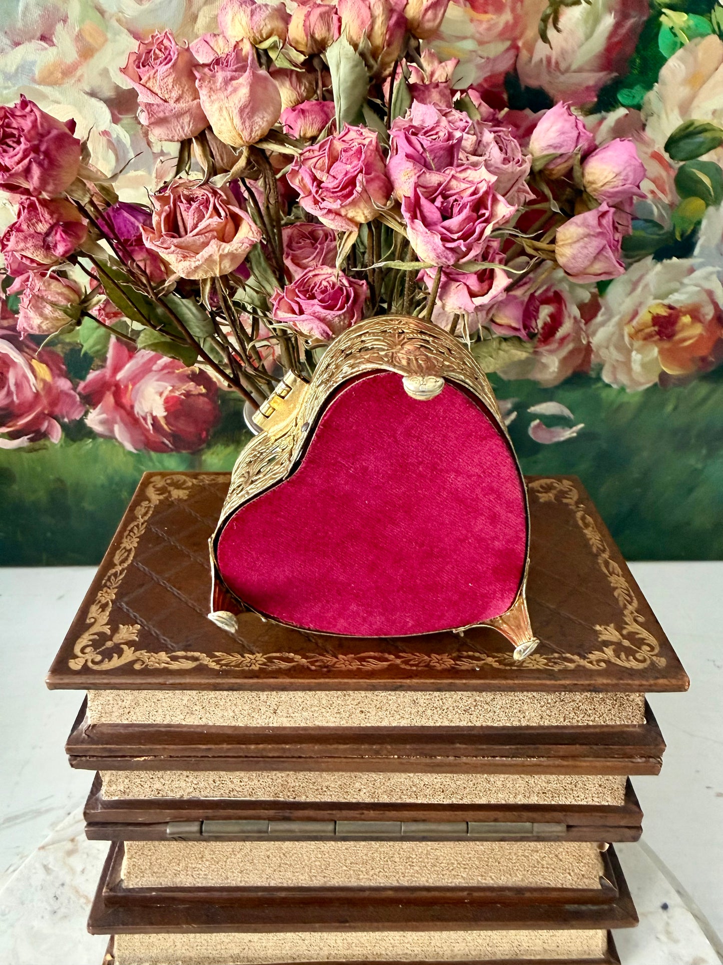 Antique French Style Gold-plated Ormolu Filigree Heart-shaped Trinket or Jewelry Box with a Plush Red Velvet Lining