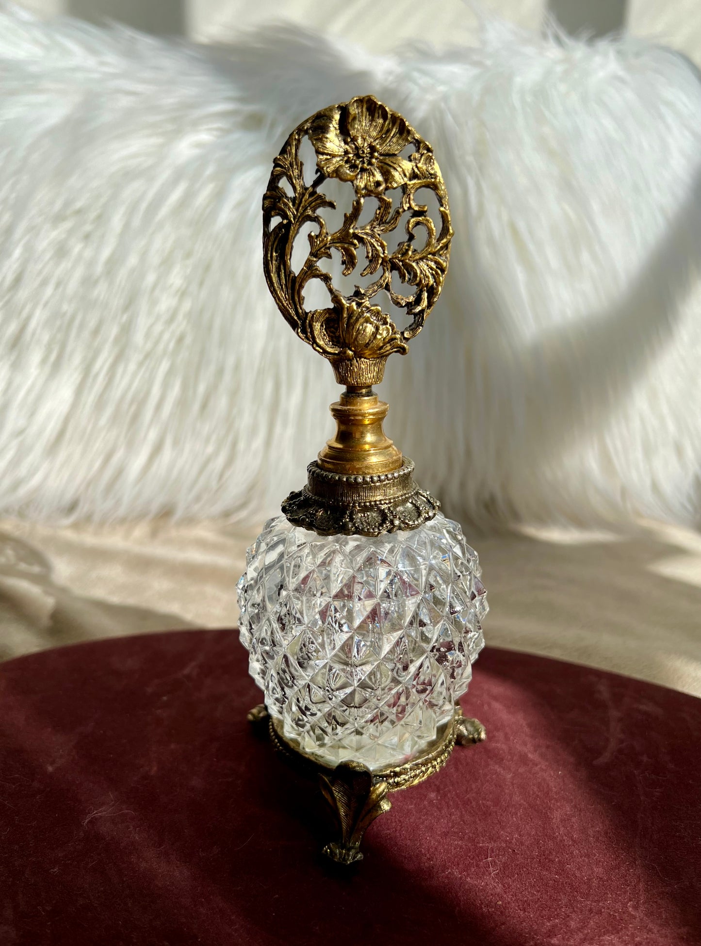 MATSON Style Ormolu Diamond Cut Glass Footed Perfume Bottle Gilt Brass With Dogwood Floral Stopper