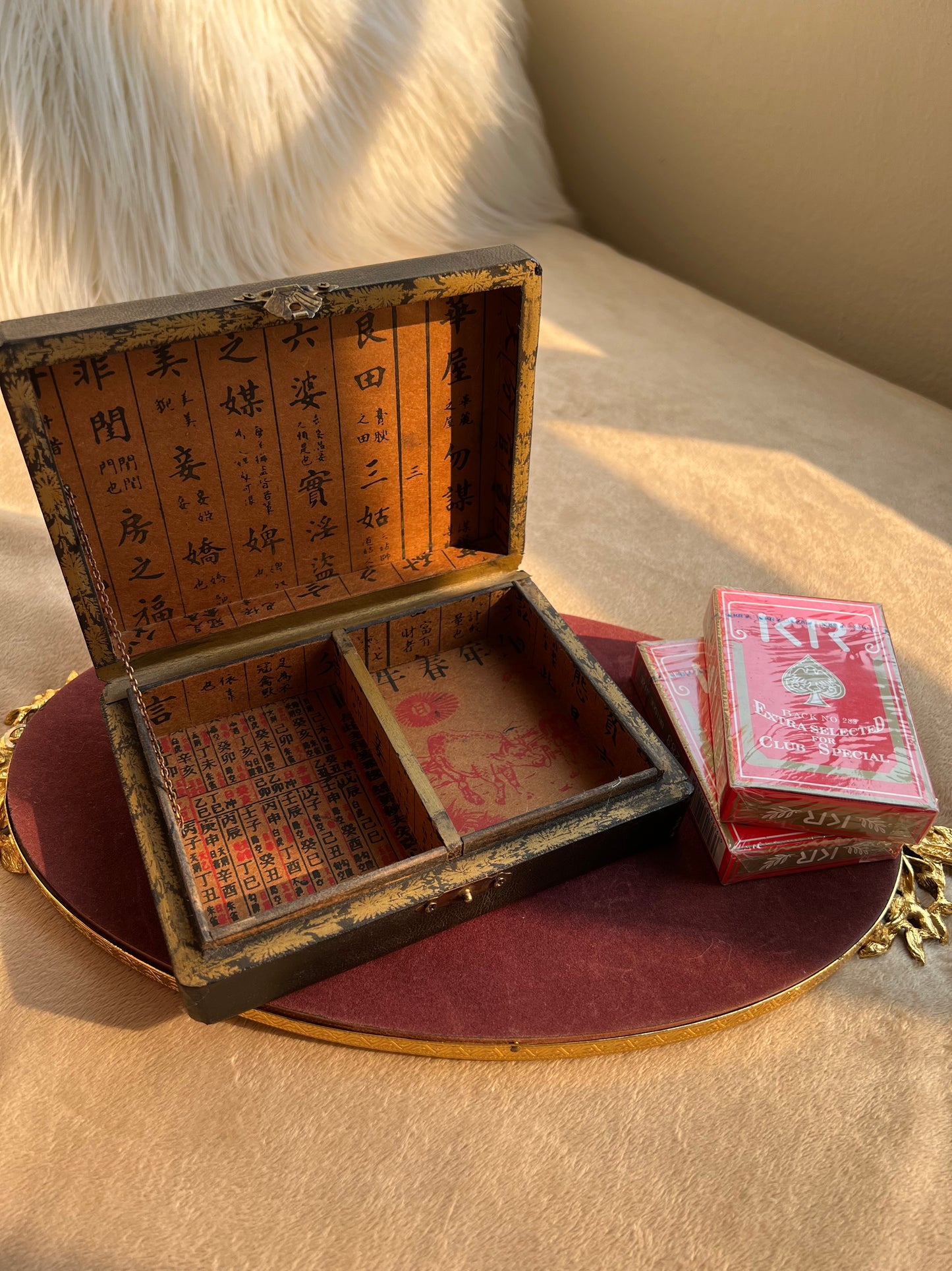 Chinese Wooden/Leather Vintage Box with 2 Pc unopened KR Poker Cards Set