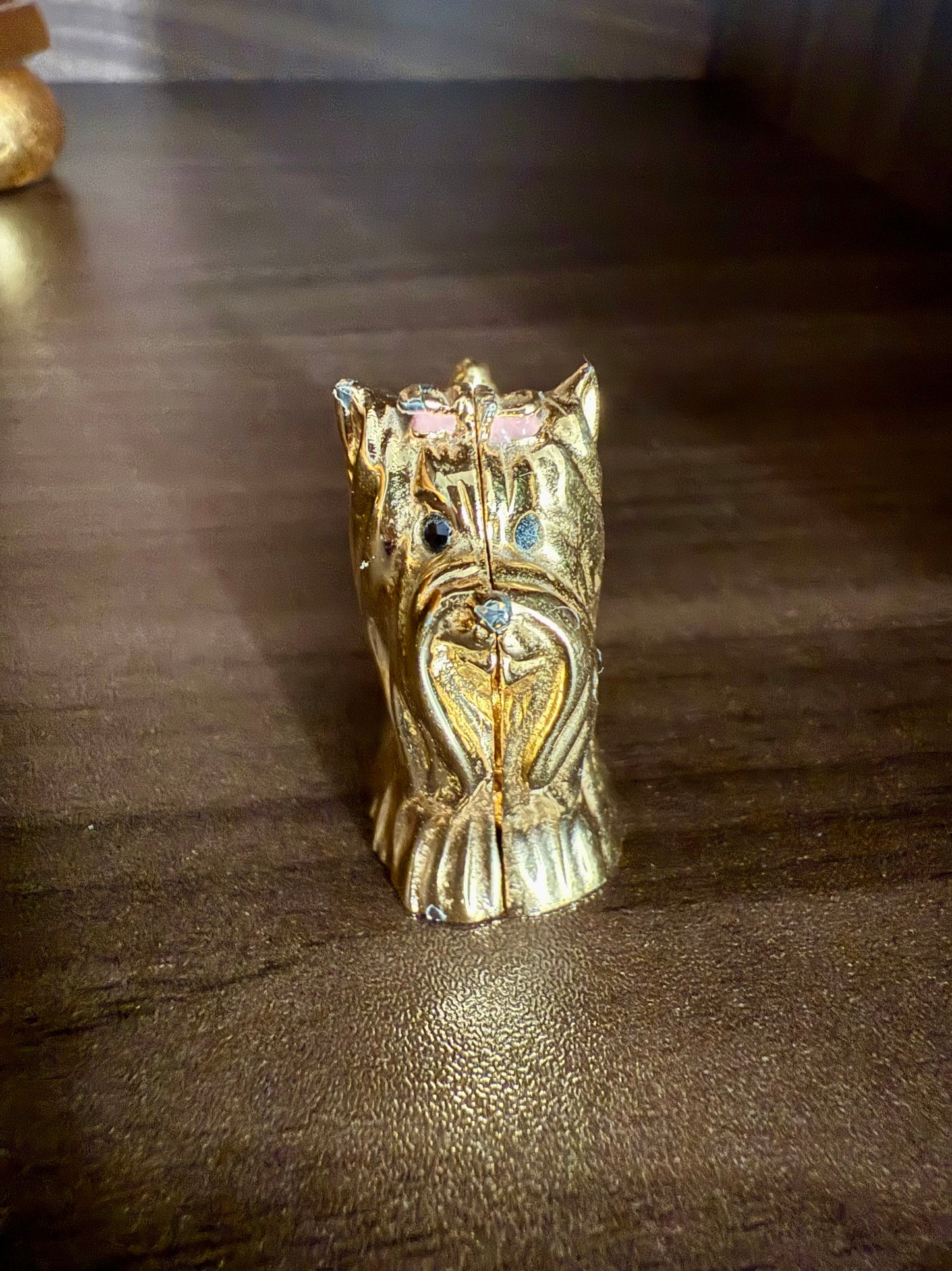 Estée Lauder Vintage Gold Plated Perfume Compact Dog with Pink Ribbon