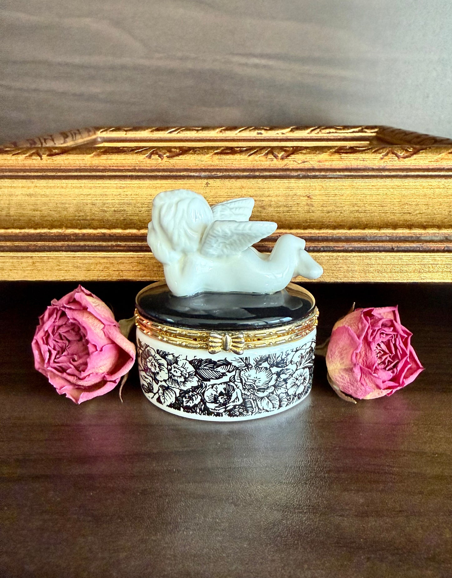 Angel Cherub Black and White Porcelain Vintage Mini Hinged Jewelry, Pill or Trinket Box